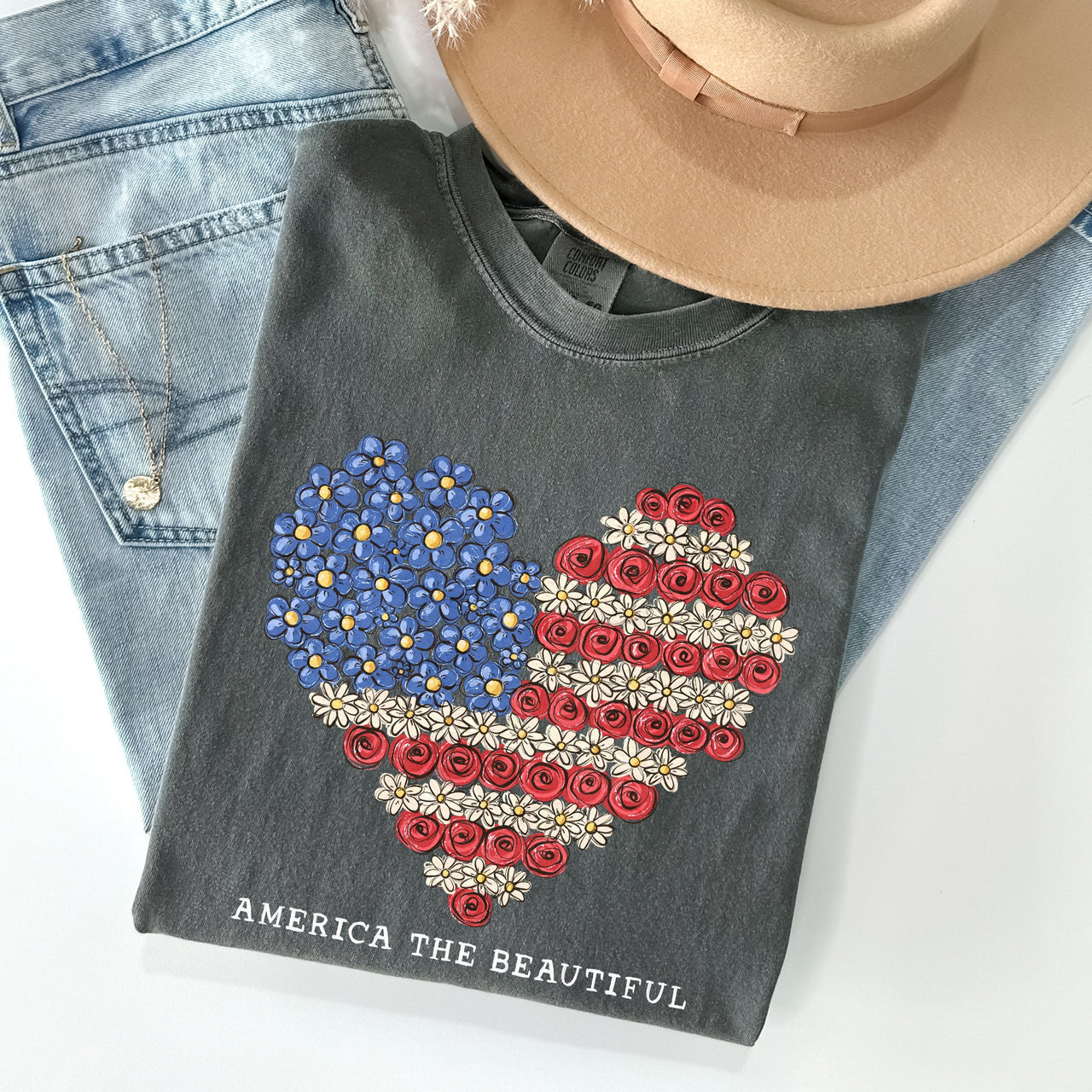 America The Beautiful Flowers Heart Flag Patriotic Floral Design Comfort Colors Tee