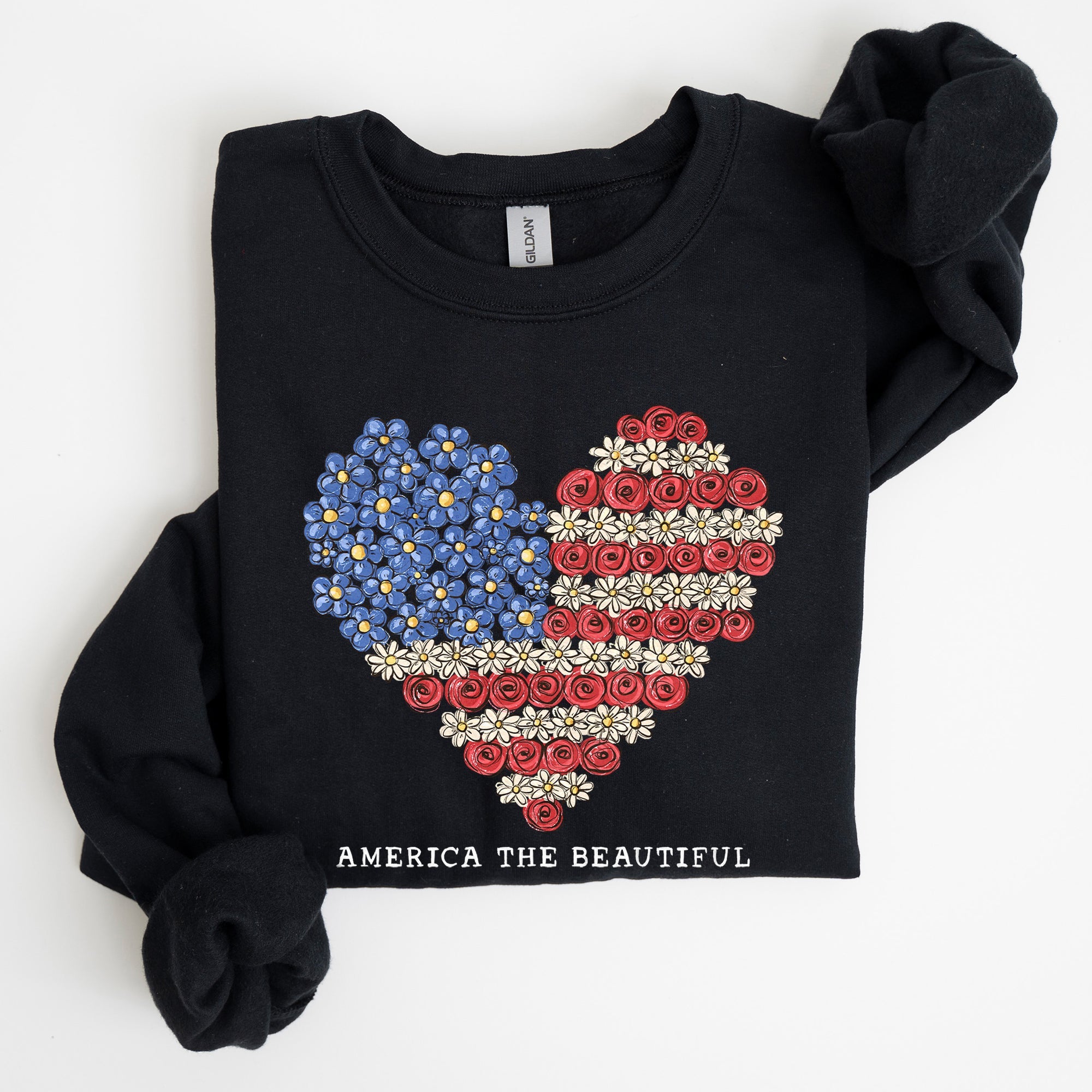 America The Beautiful Flowers Heart Flag American Patriot Floral Motif Sweatshirt