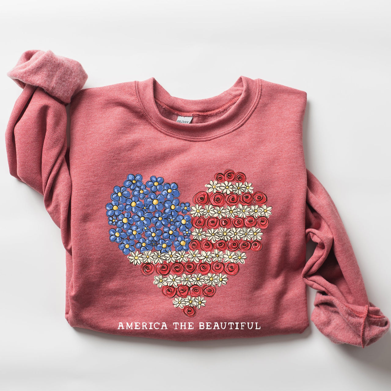 America The Beautiful Flowers Heart Flag American Patriot Floral Motif Sweatshirt