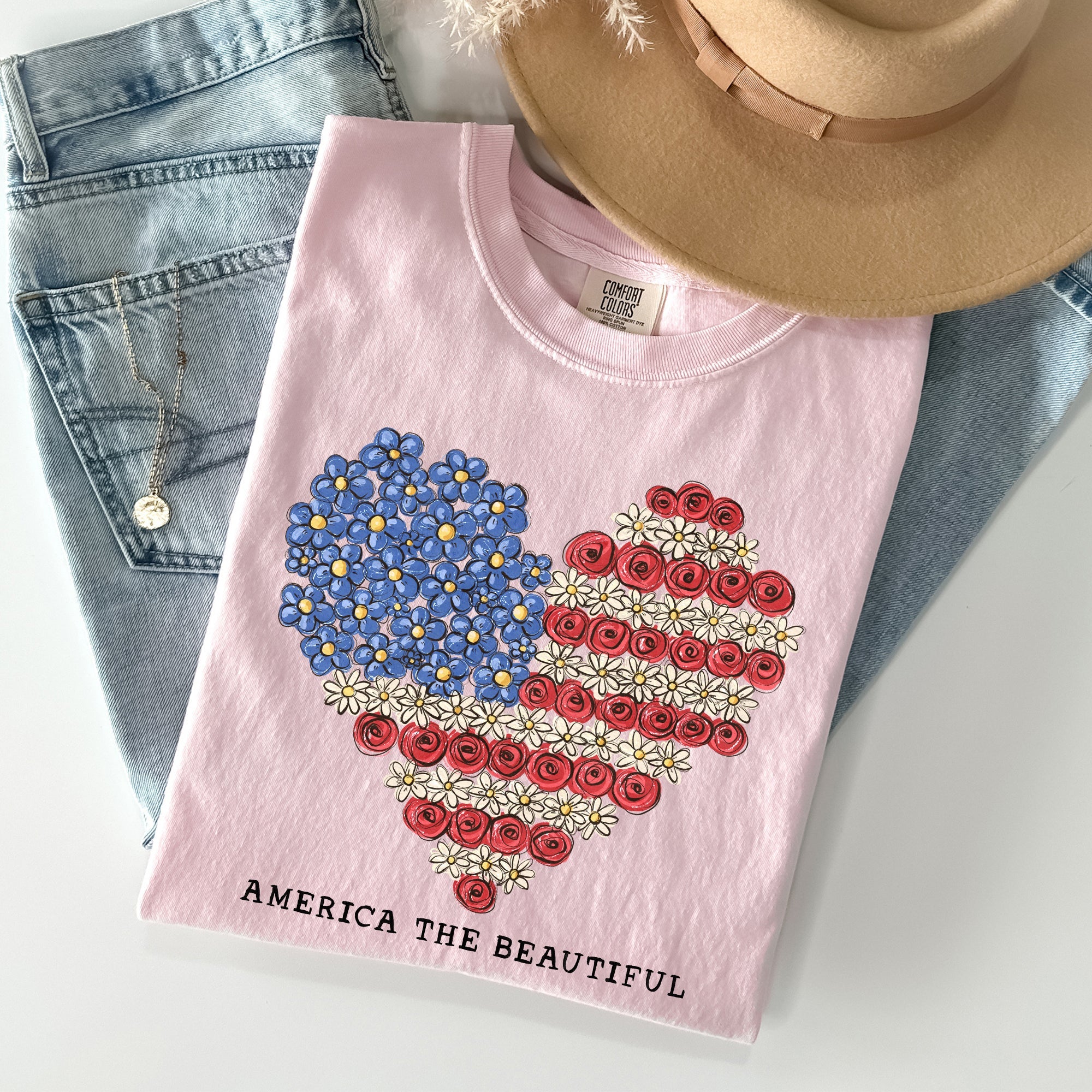 America The Beautiful Flowers Heart Flag Patriotic Floral Design Comfort Colors Tee