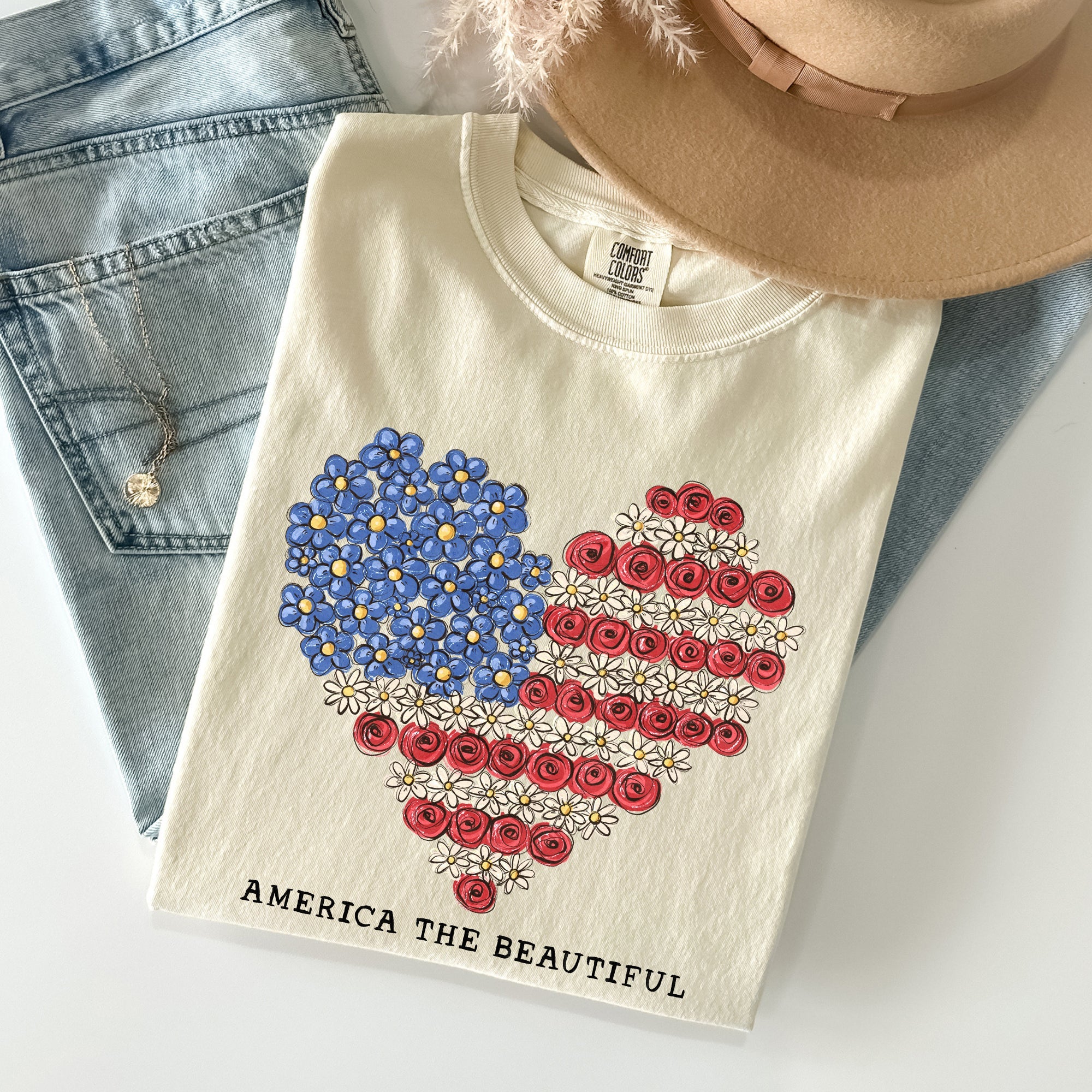 America The Beautiful Flowers Heart Flag Patriotic Floral Design Comfort Colors Tee