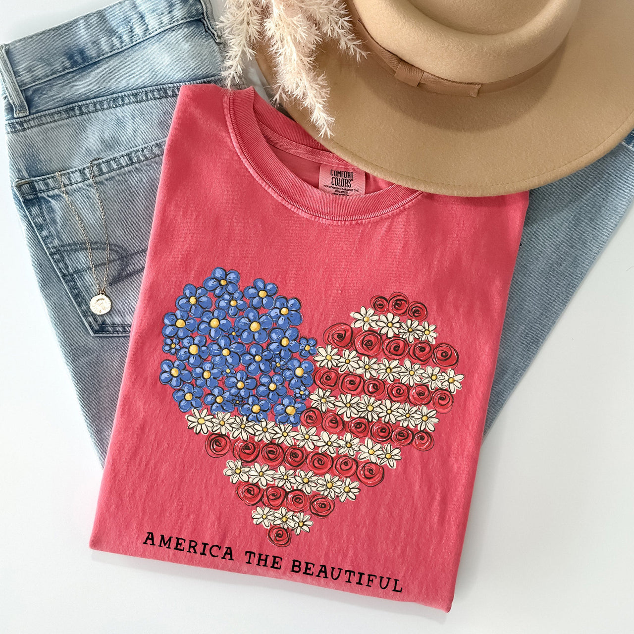 America The Beautiful Flowers Heart Flag Patriotic Floral Design Comfort Colors Tee