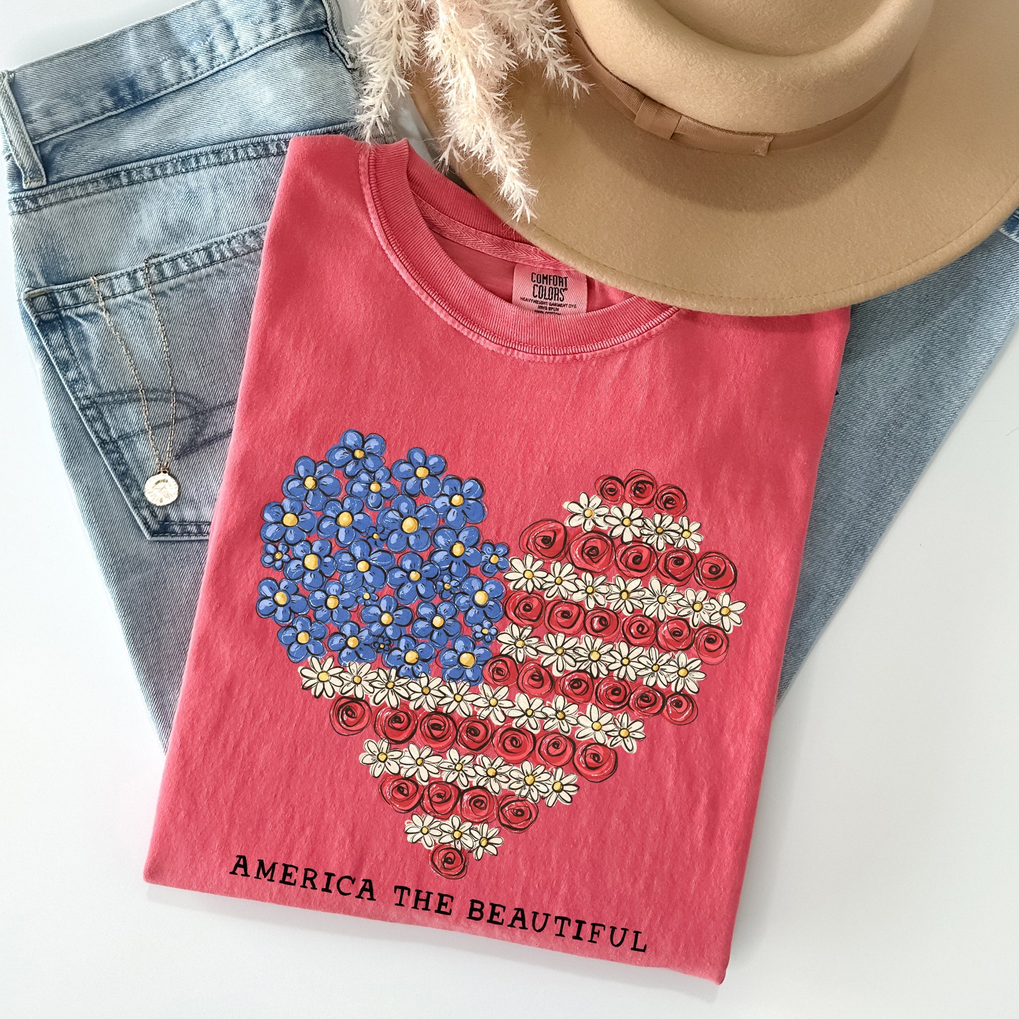 America The Beautiful Flowers Heart Flag Patriotic Floral Design Comfort Colors Tee