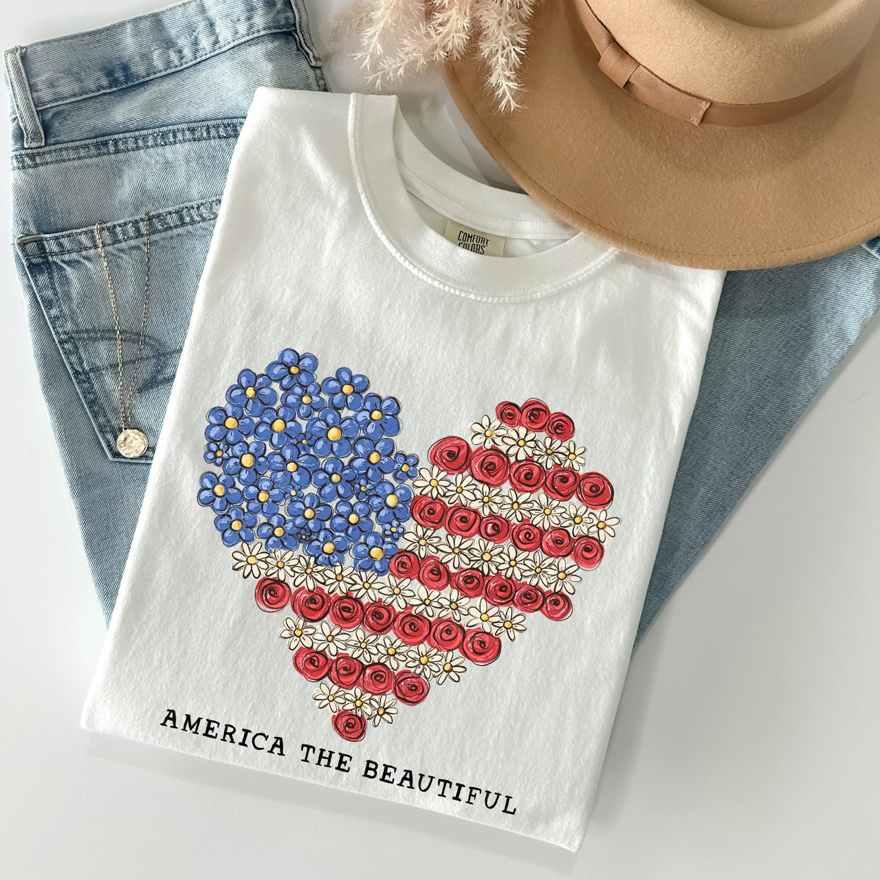 America The Beautiful Flowers Heart Flag Patriotic Floral Design Comfort Colors Tee