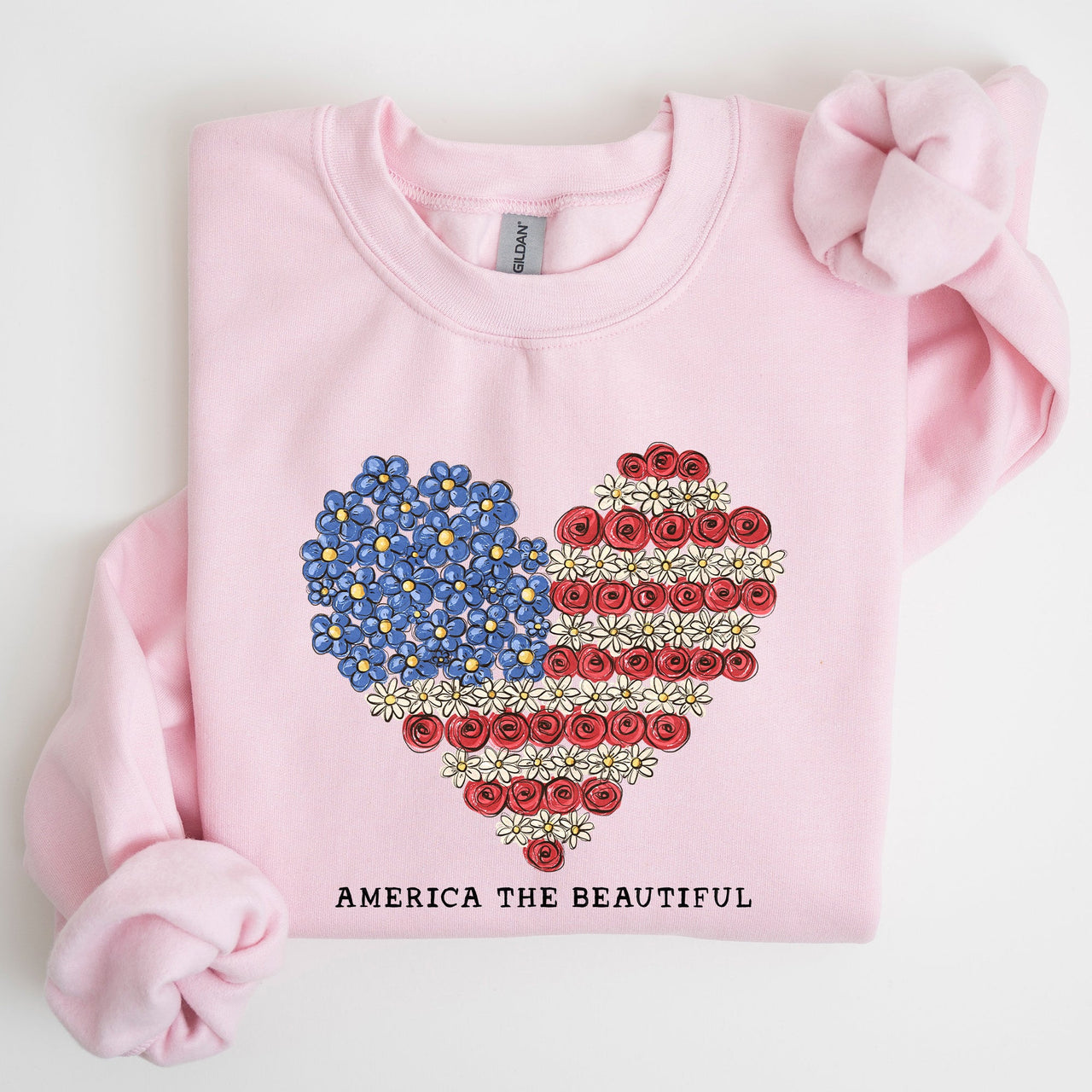 America The Beautiful Flowers Heart Flag American Patriot Floral Motif Sweatshirt