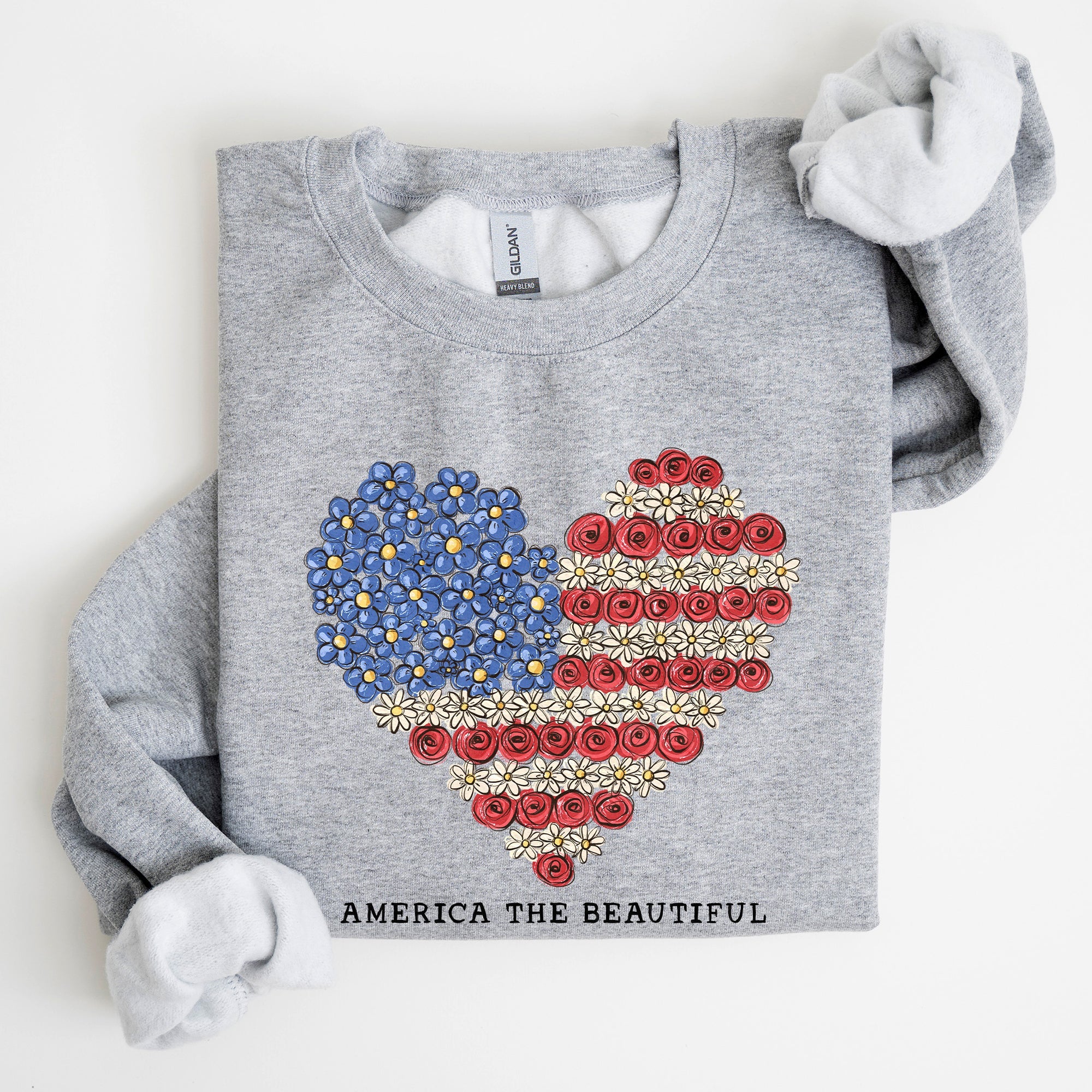 America The Beautiful Flowers Heart Flag American Patriot Floral Motif Sweatshirt