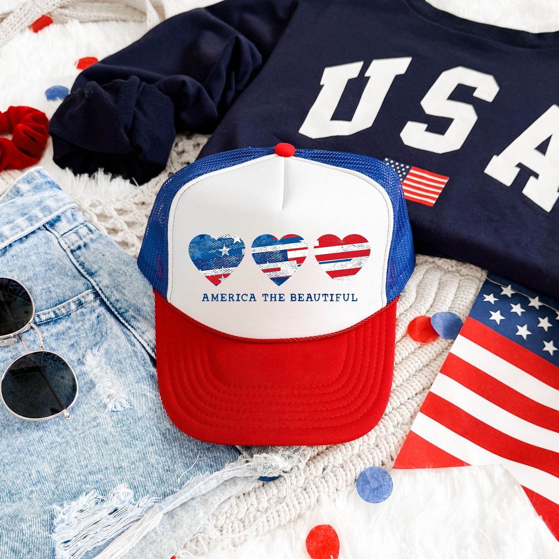 America The Beautiful Hearts Patriotic Trucker Hat For Independence Day Fans Celebrate Year Round