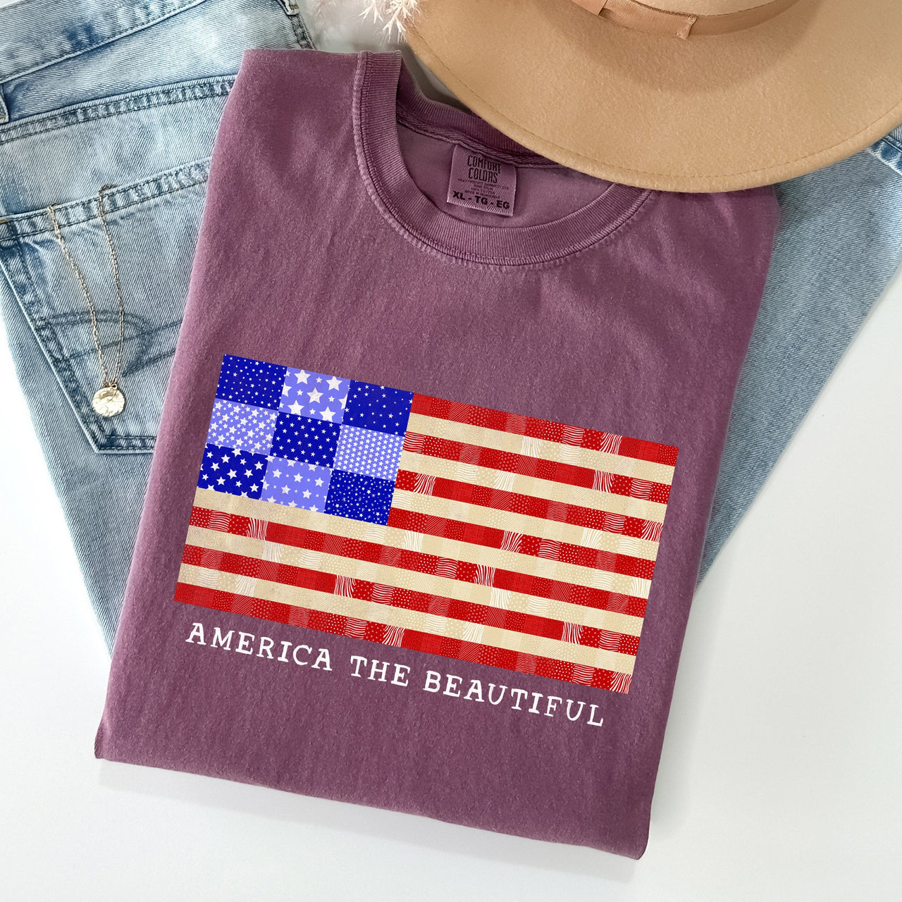America The Beautiful Quilt Flag Fourth Of July Patriotic Quilt Pattern Comfort Colors Tee