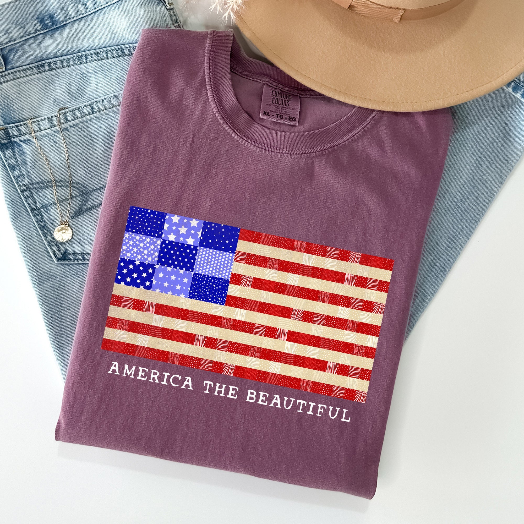 America The Beautiful Quilt Flag Fourth Of July Patriotic Quilt Pattern Comfort Colors Tee