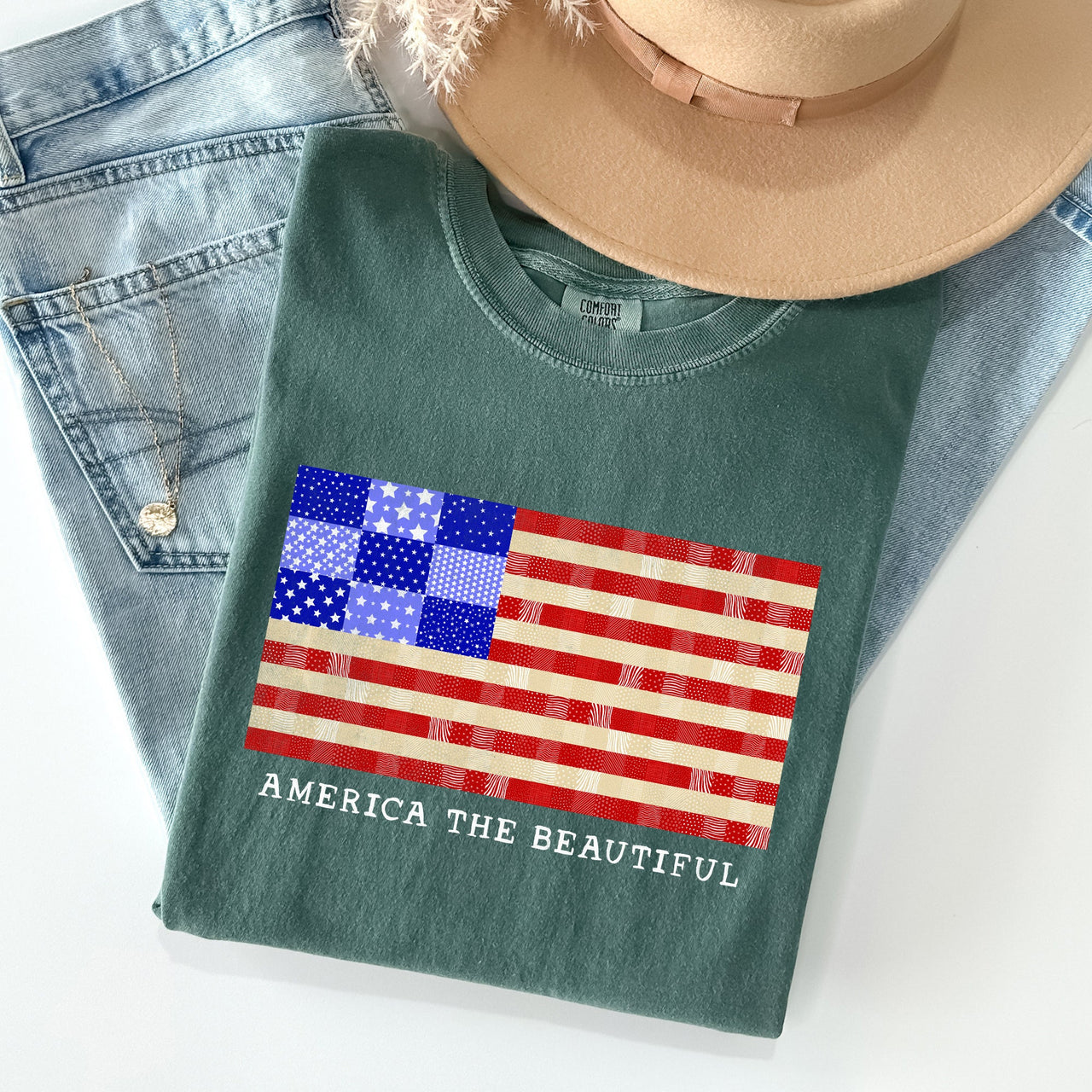 America The Beautiful Quilt Flag Fourth Of July Patriotic Quilt Pattern Comfort Colors Tee