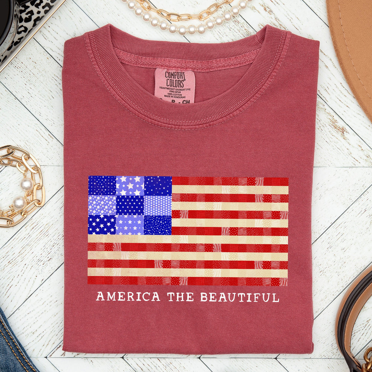 America The Beautiful Quilt Flag Fourth Of July Patriotic Quilt Pattern Comfort Colors Tee