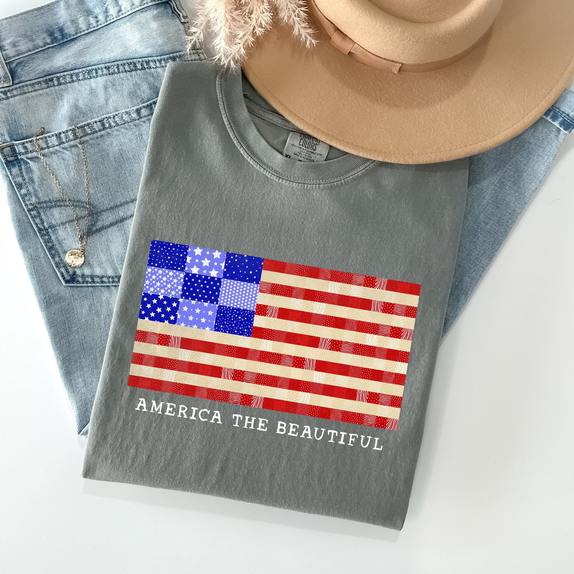 America The Beautiful Quilt Flag Fourth Of July Patriotic Quilt Pattern Comfort Colors Tee