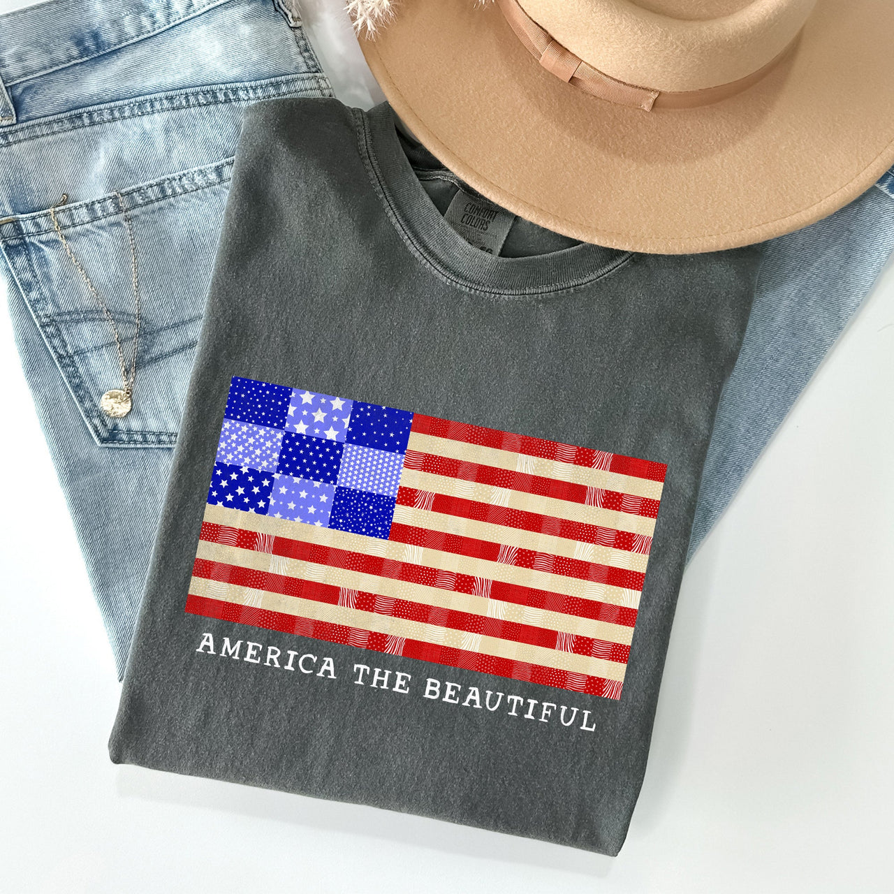 America The Beautiful Quilt Flag Fourth Of July Patriotic Quilt Pattern Comfort Colors Tee
