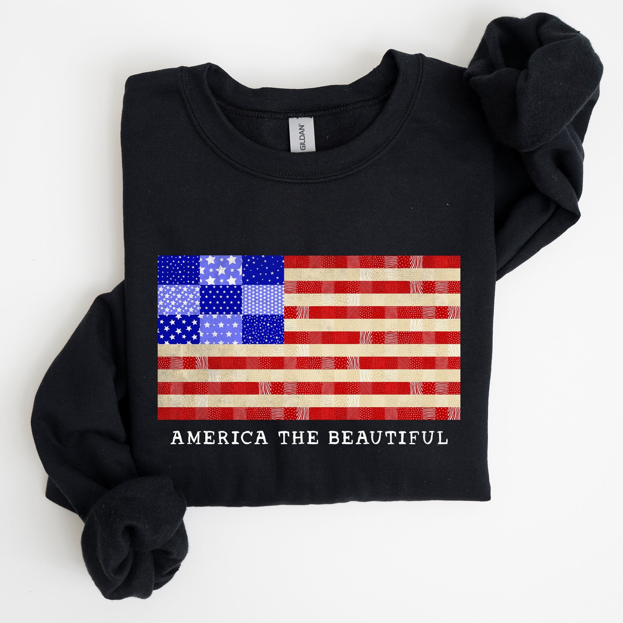 America The Beautiful Patchwork Quilt Flag Patriotic Americana Pride And Honor Sweatshirt