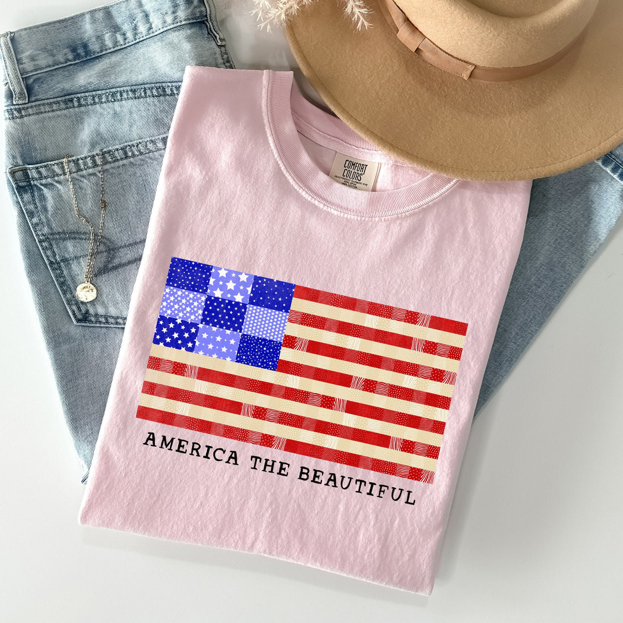 America The Beautiful Quilt Flag Fourth Of July Patriotic Quilt Pattern Comfort Colors Tee