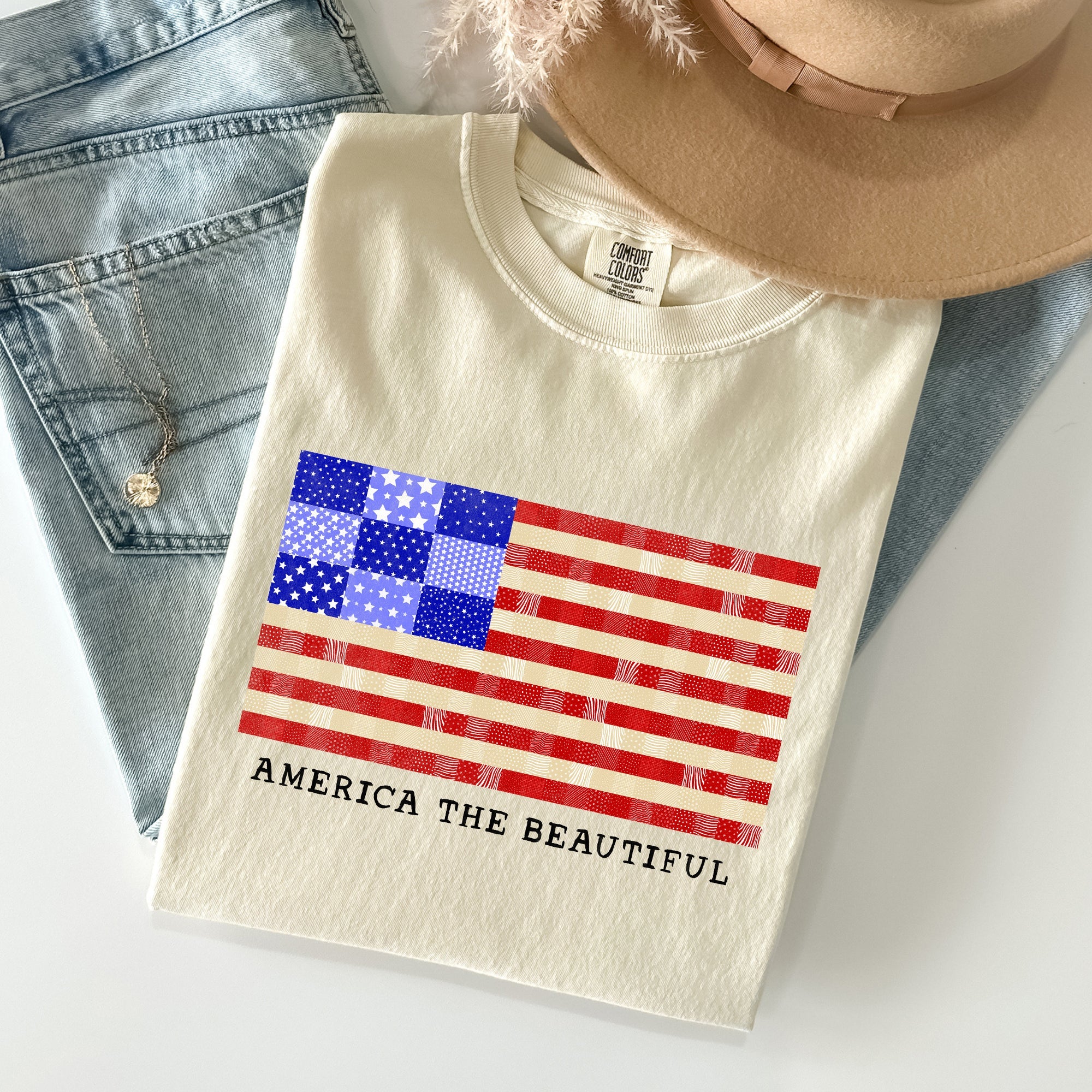 America The Beautiful Quilt Flag Fourth Of July Patriotic Quilt Pattern Comfort Colors Tee