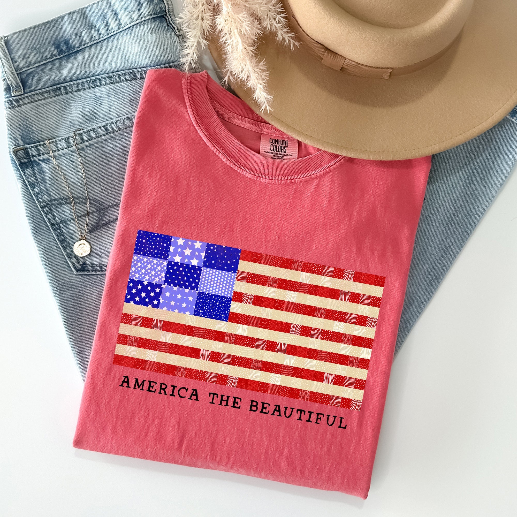 America The Beautiful Quilt Flag Fourth Of July Patriotic Quilt Pattern Comfort Colors Tee