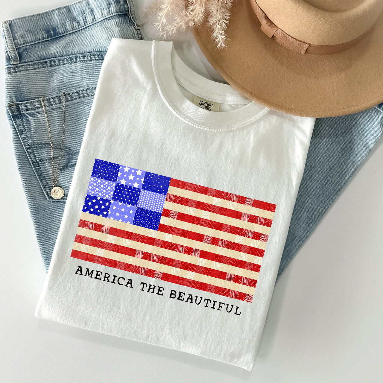 America The Beautiful Quilt Flag Fourth Of July Patriotic Quilt Pattern Comfort Colors Tee