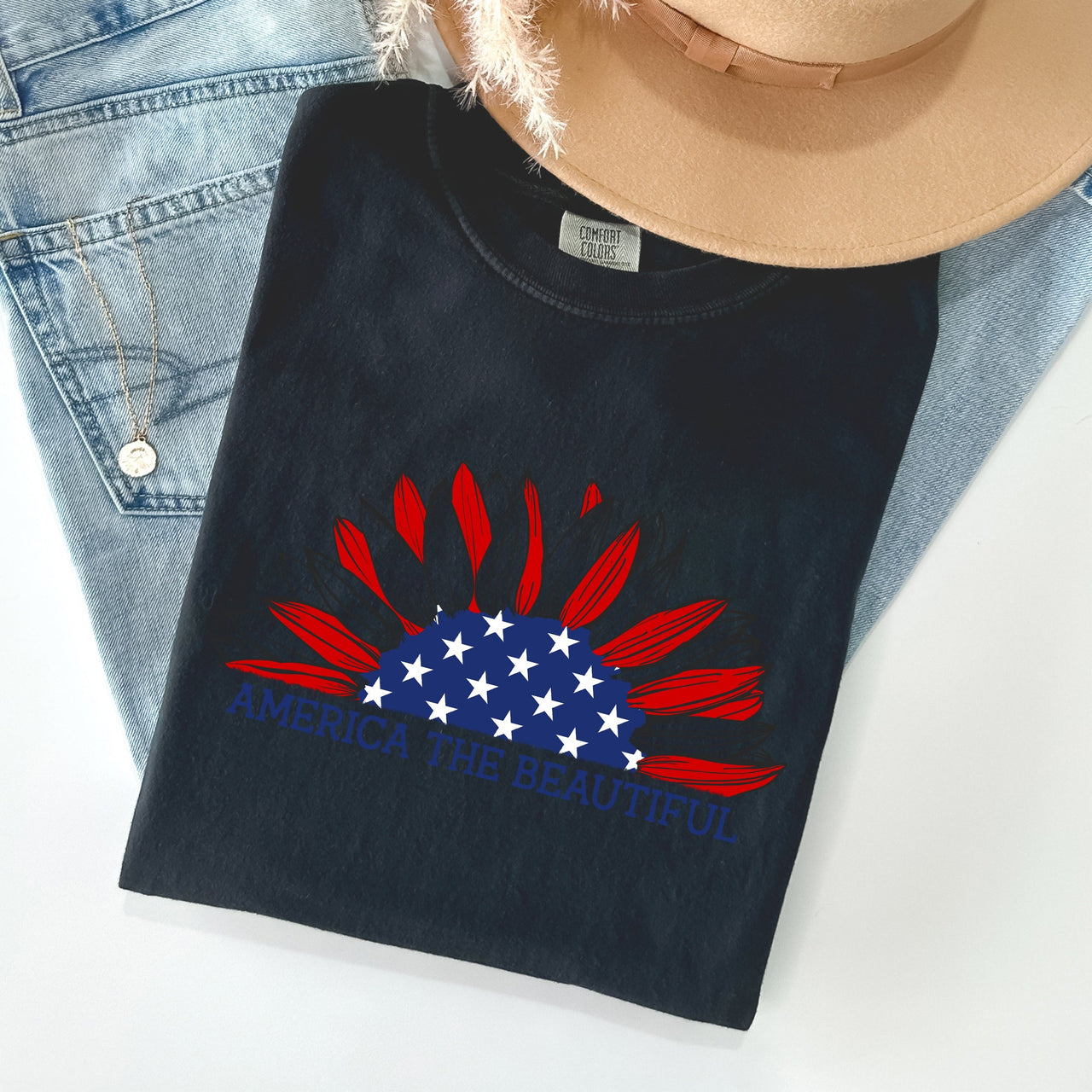 America The Beautiful Sunflower Flag Red White Blue Patriotic Comfort Colors Tee