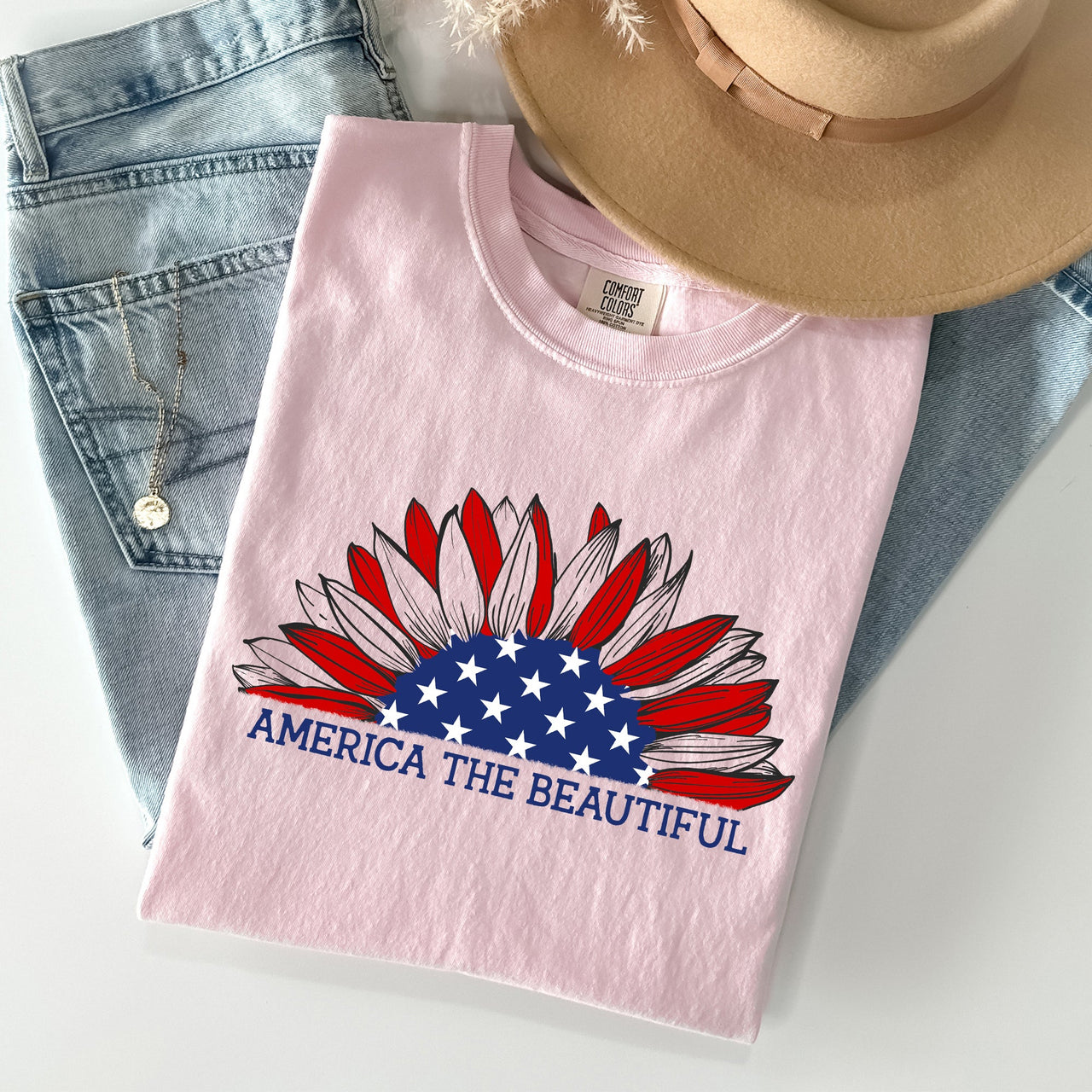 America The Beautiful Sunflower Flag Red White Blue Patriotic Comfort Colors Tee