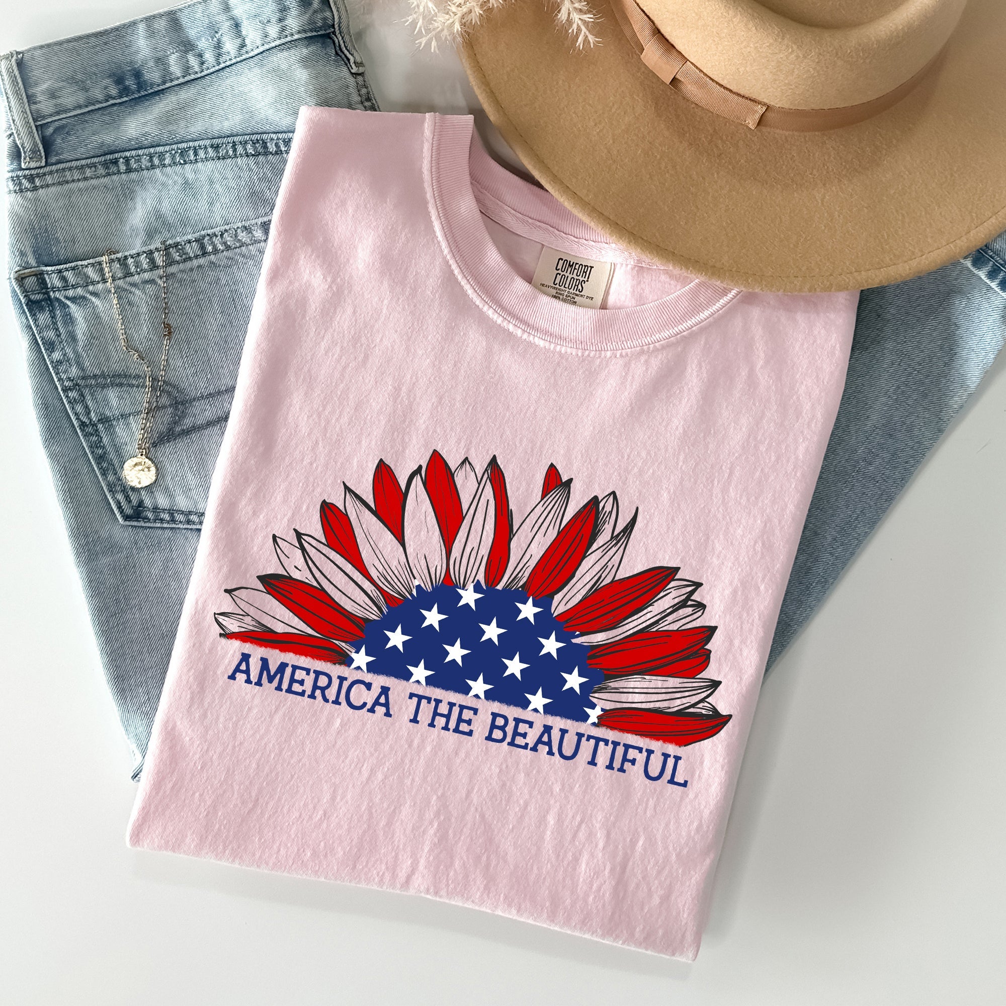 America The Beautiful Sunflower Flag Red White Blue Patriotic Comfort Colors Tee