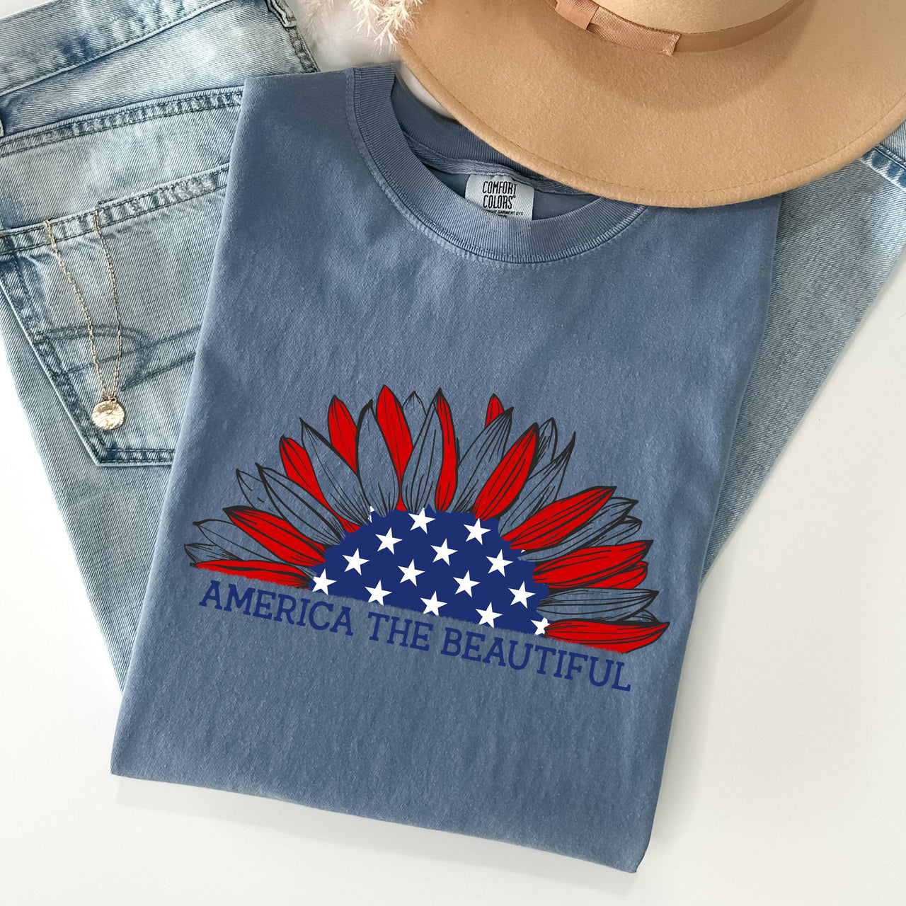 America The Beautiful Sunflower Flag Red White Blue Patriotic Comfort Colors Tee