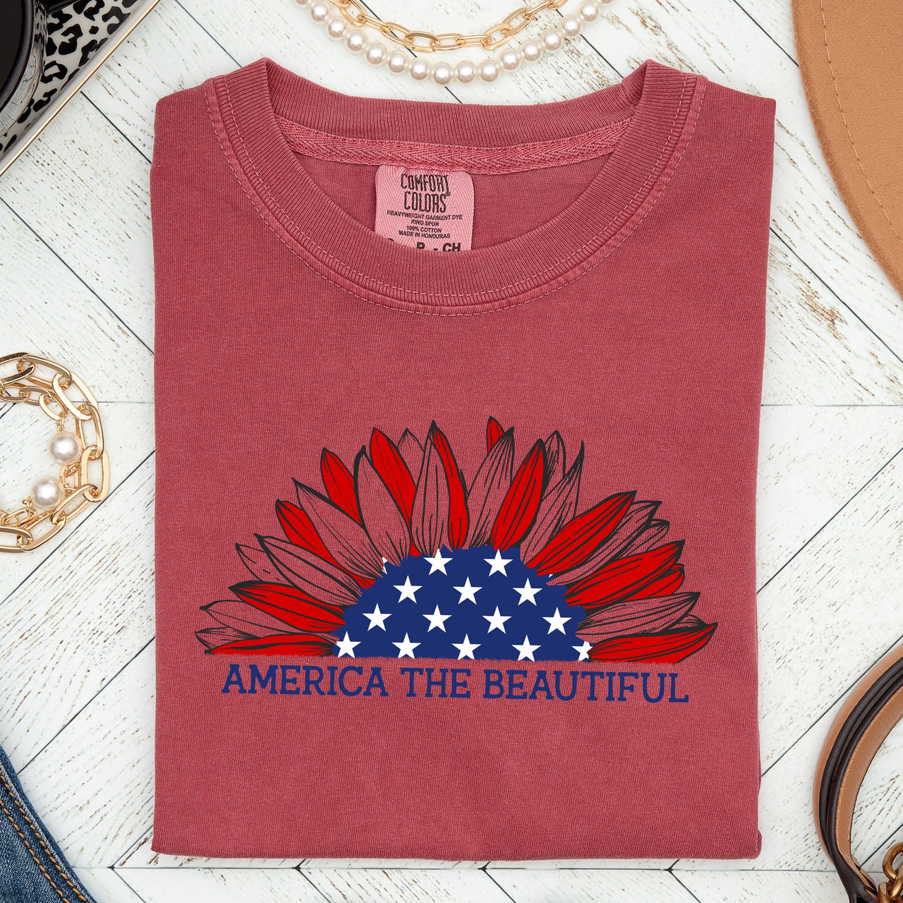 America The Beautiful Sunflower Flag Red White Blue Patriotic Comfort Colors Tee