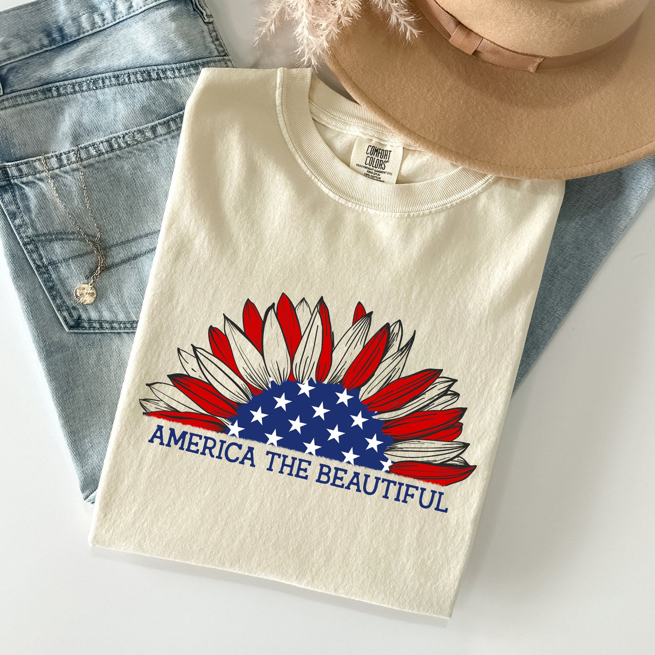 America The Beautiful Sunflower Flag Red White Blue Patriotic Comfort Colors Tee