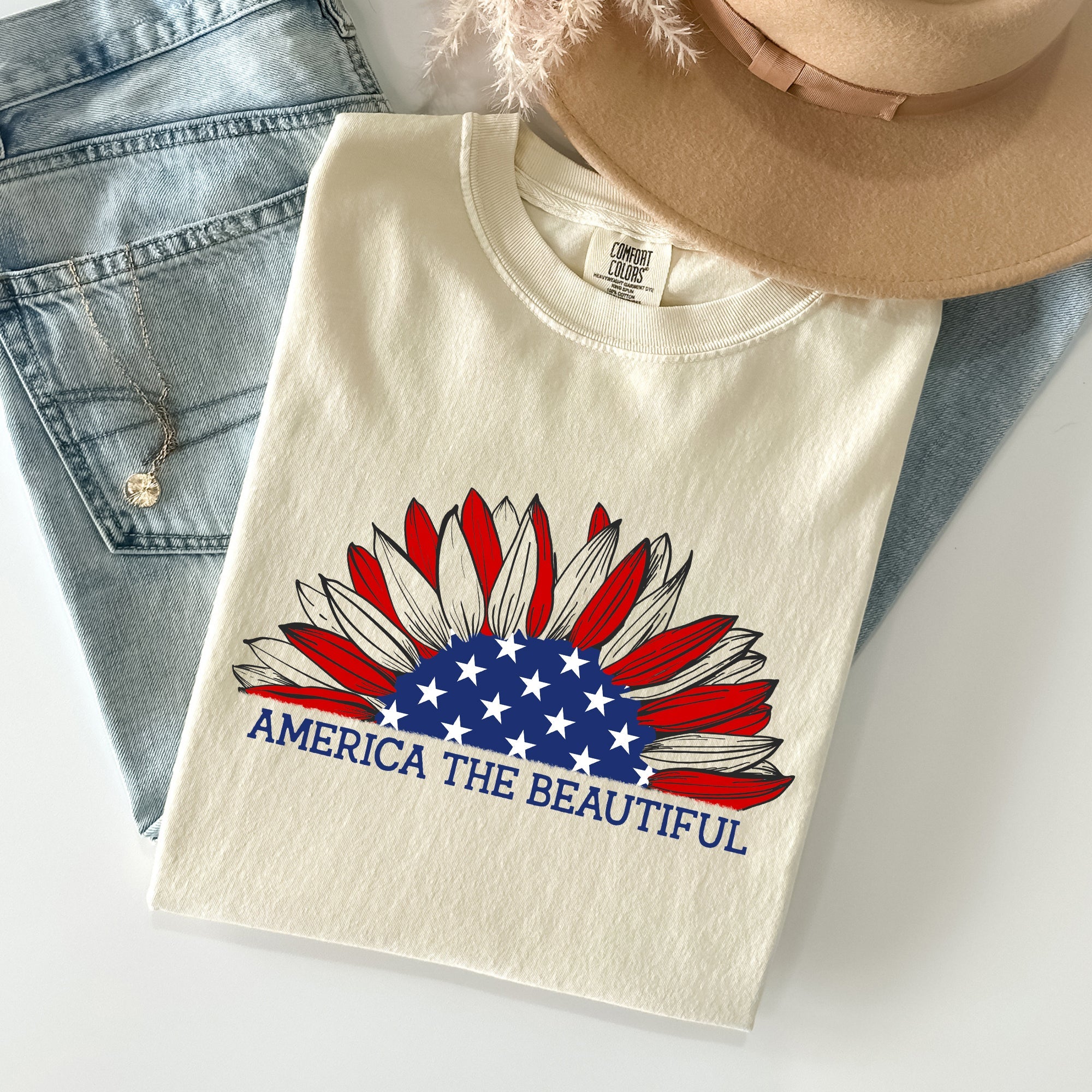 America The Beautiful Sunflower Flag Red White Blue Patriotic Comfort Colors Tee