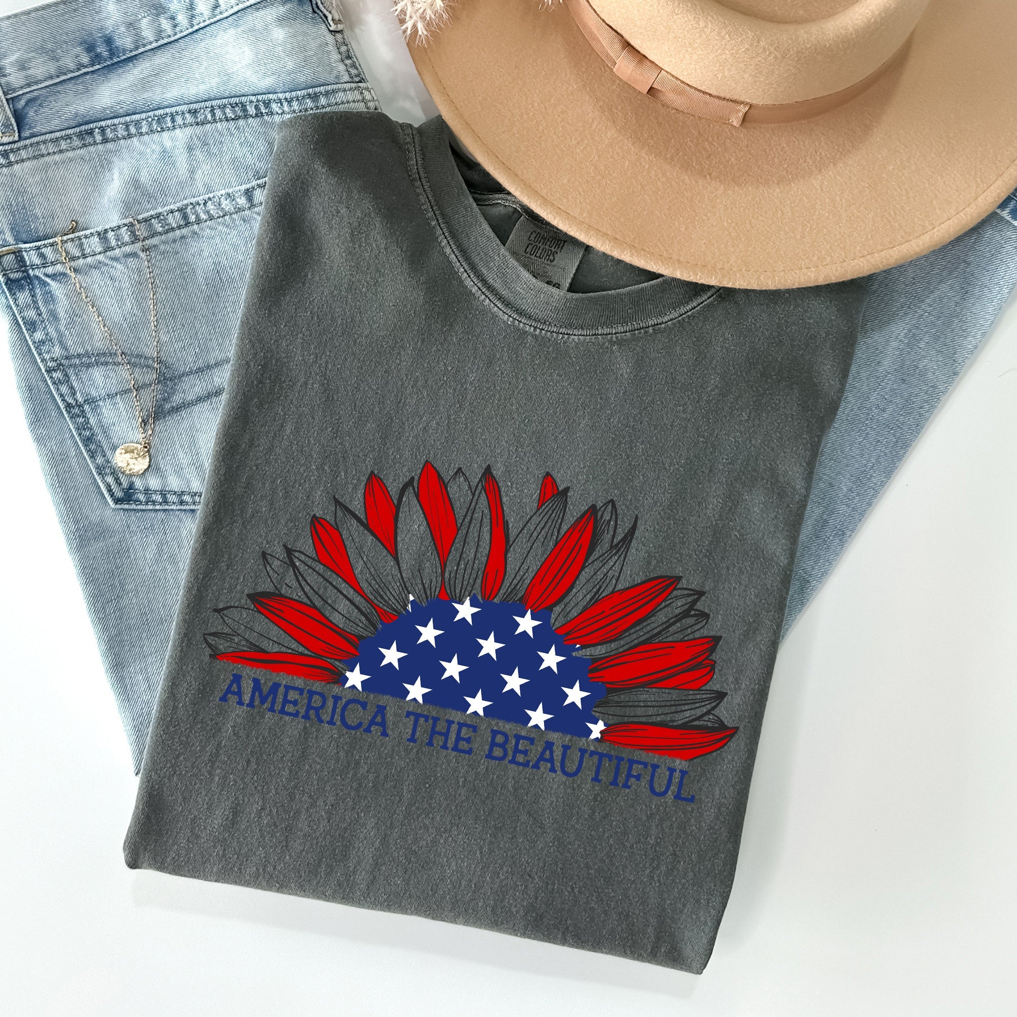 America The Beautiful Sunflower Flag Red White Blue Patriotic Comfort Colors Tee