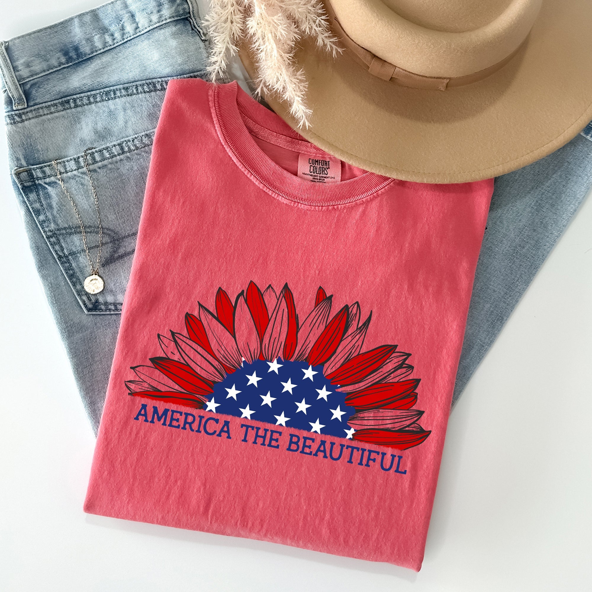 America The Beautiful Sunflower Flag Red White Blue Patriotic Comfort Colors Tee
