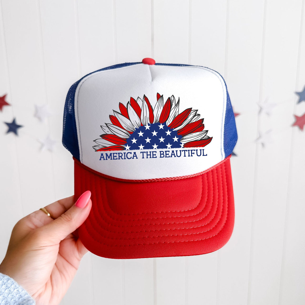 America The Beautiful Sunflower Patriotic Pride Flag Emblem Heritage Trucker Hat