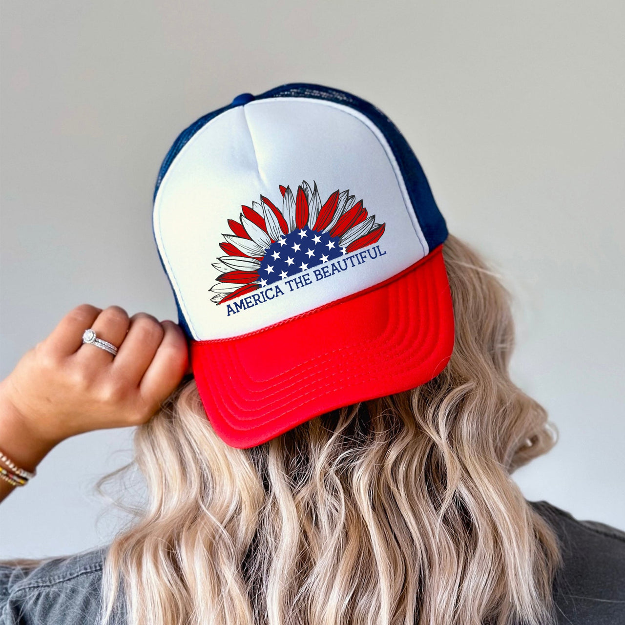 America The Beautiful Sunflower Patriotic Pride Flag Emblem Heritage Trucker Hat