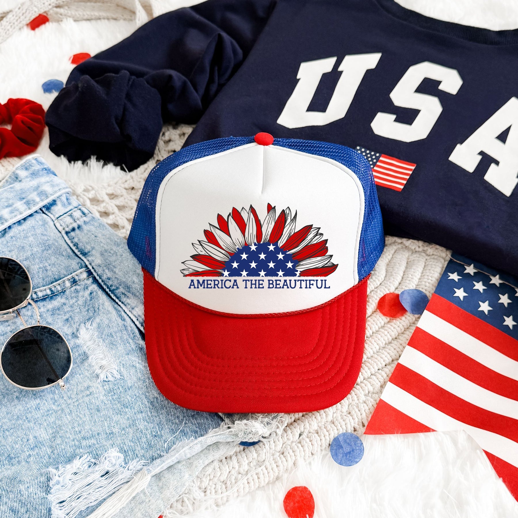 America The Beautiful Sunflower Patriotic Pride Flag Emblem Heritage Trucker Hat