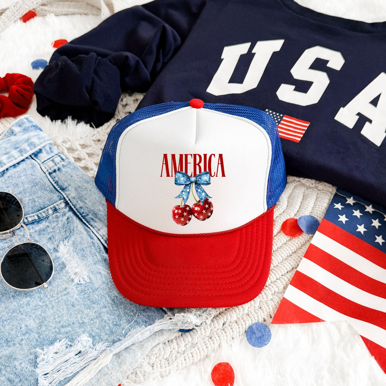 America, Cherries, Patriotic Flag Inspired American Pride Summer Holiday Edition Trucker Hat