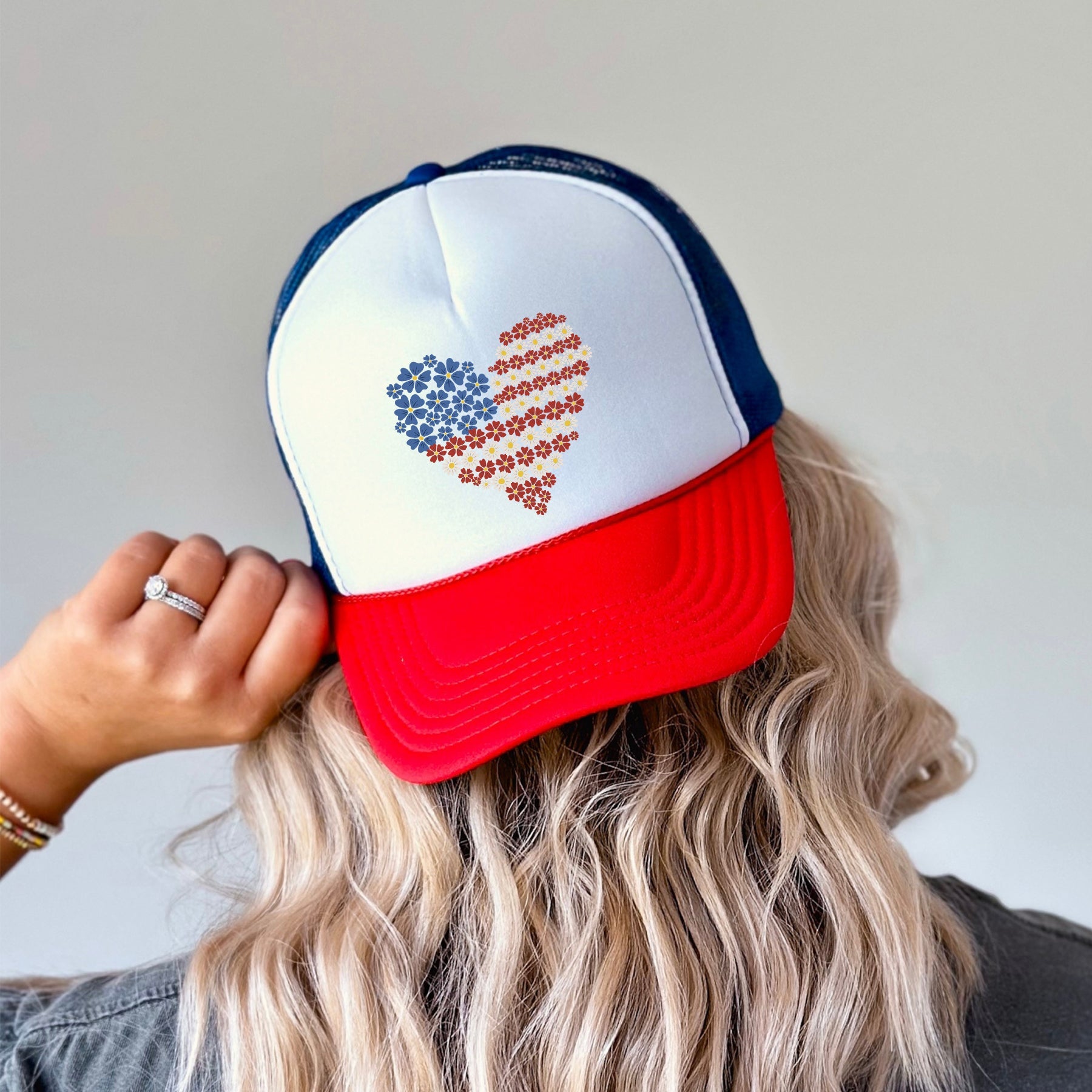 America Floral Heart Patriotic Pride Emblem Celebrating Freedom And American Spirit Trucker Hat