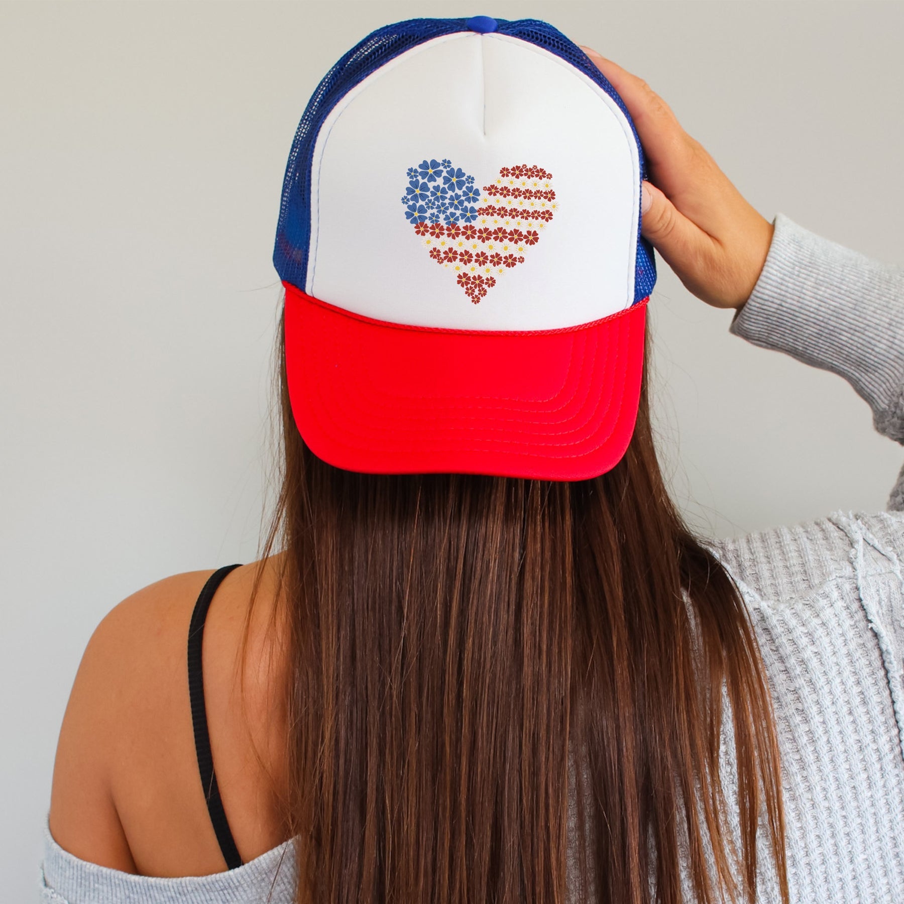 America Floral Heart Patriotic Pride Emblem Celebrating Freedom And American Spirit Trucker Hat