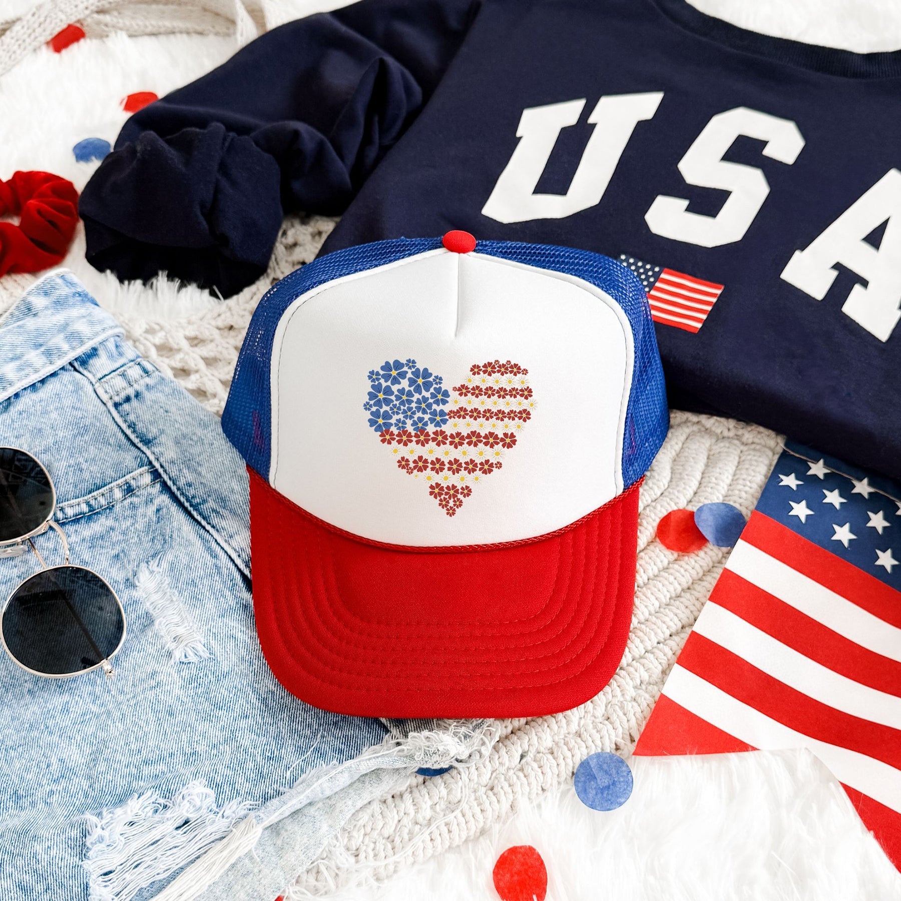 America Floral Heart Patriotic Pride Emblem Celebrating Freedom And American Spirit Trucker Hat