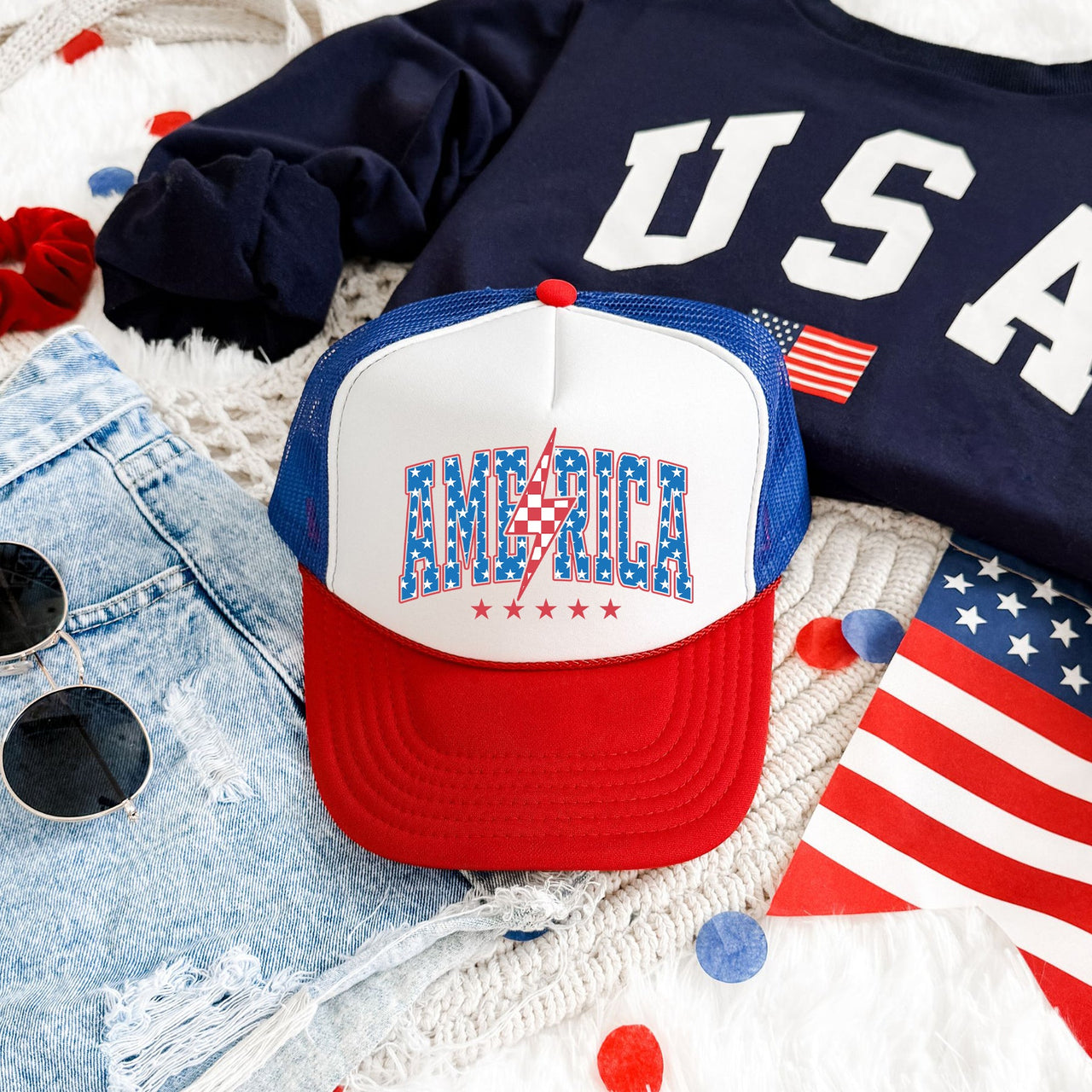 America Lightning Bolt Patriotic Flag Emblem Proud Freedom Edition Snapback Trucker Hat