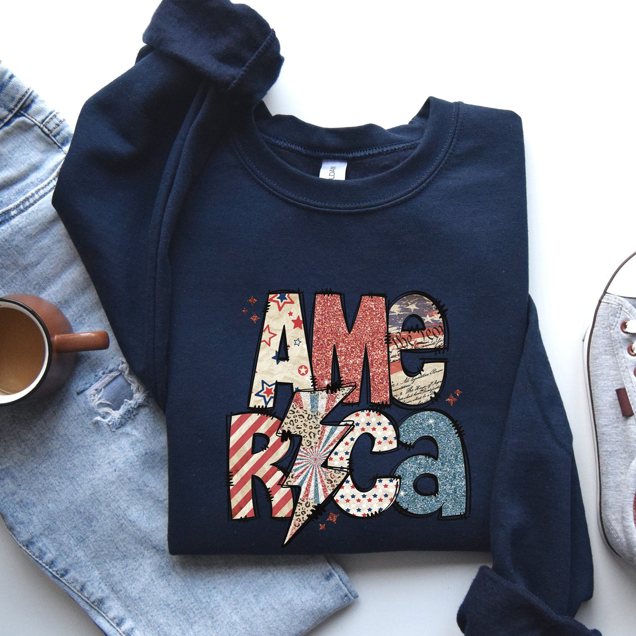 America Patriot Lightning Bolt Patch Graphic In Bold Patriotic Style Sweatshirt
