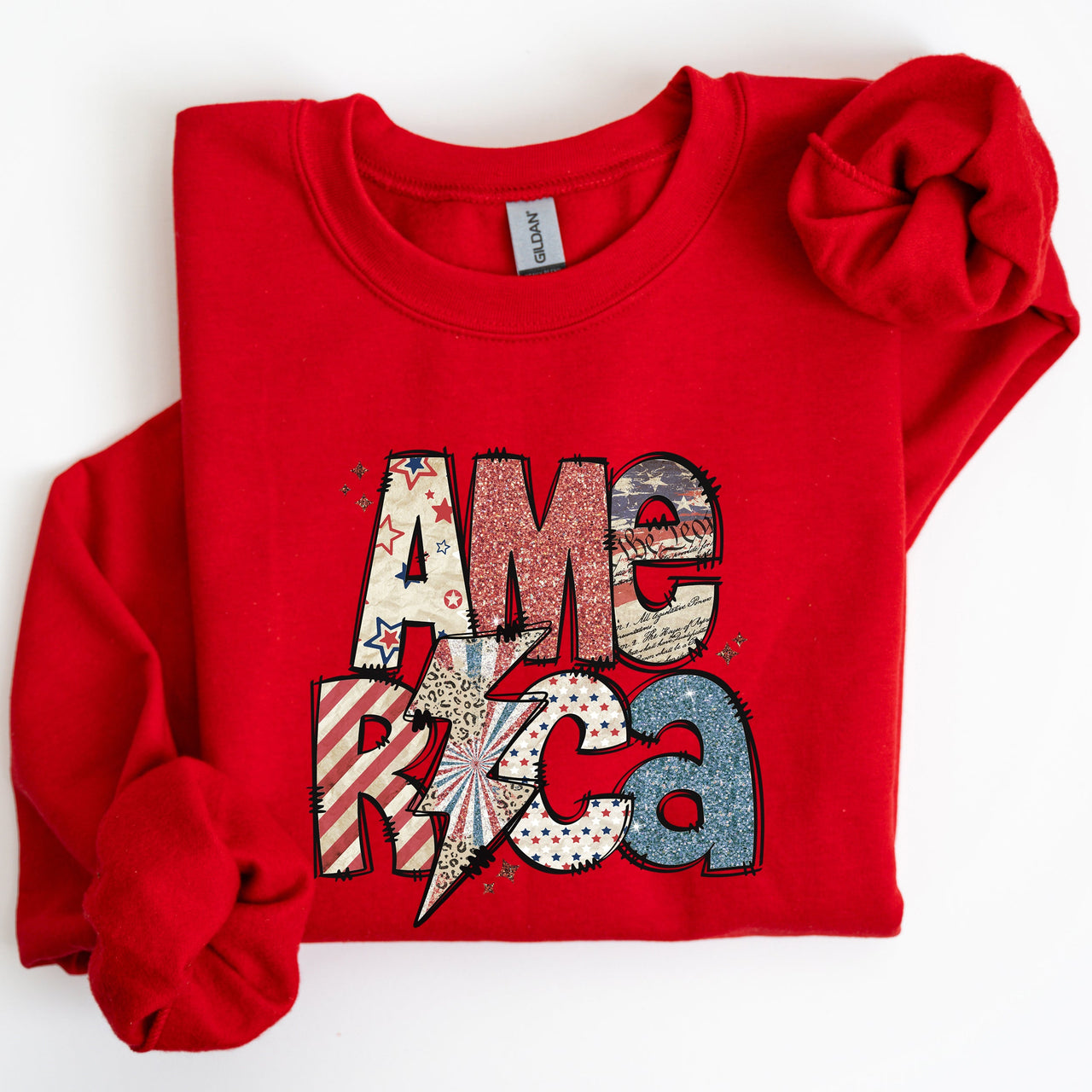 America Patriot Lightning Bolt Patch Graphic In Bold Patriotic Style Sweatshirt