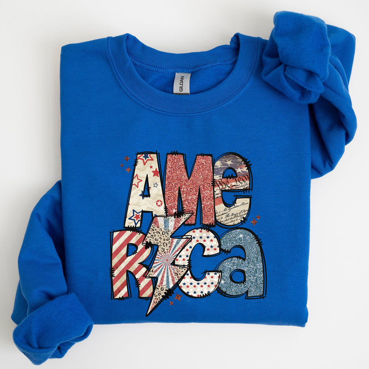 America Patriot Lightning Bolt Patch Graphic In Bold Patriotic Style Sweatshirt