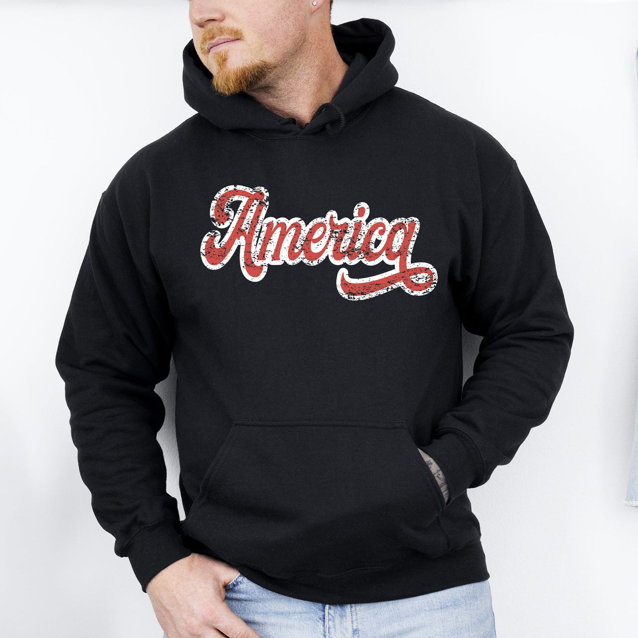 America Red White Varsity Retro Patriotic USA 4th of July Iconic Hooded Sweatshirt