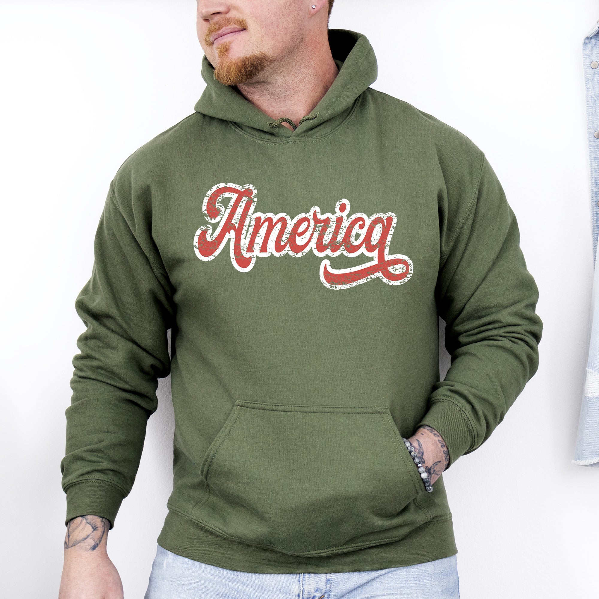 America Red White Varsity Retro Patriotic USA 4th of July Iconic Hooded Sweatshirt