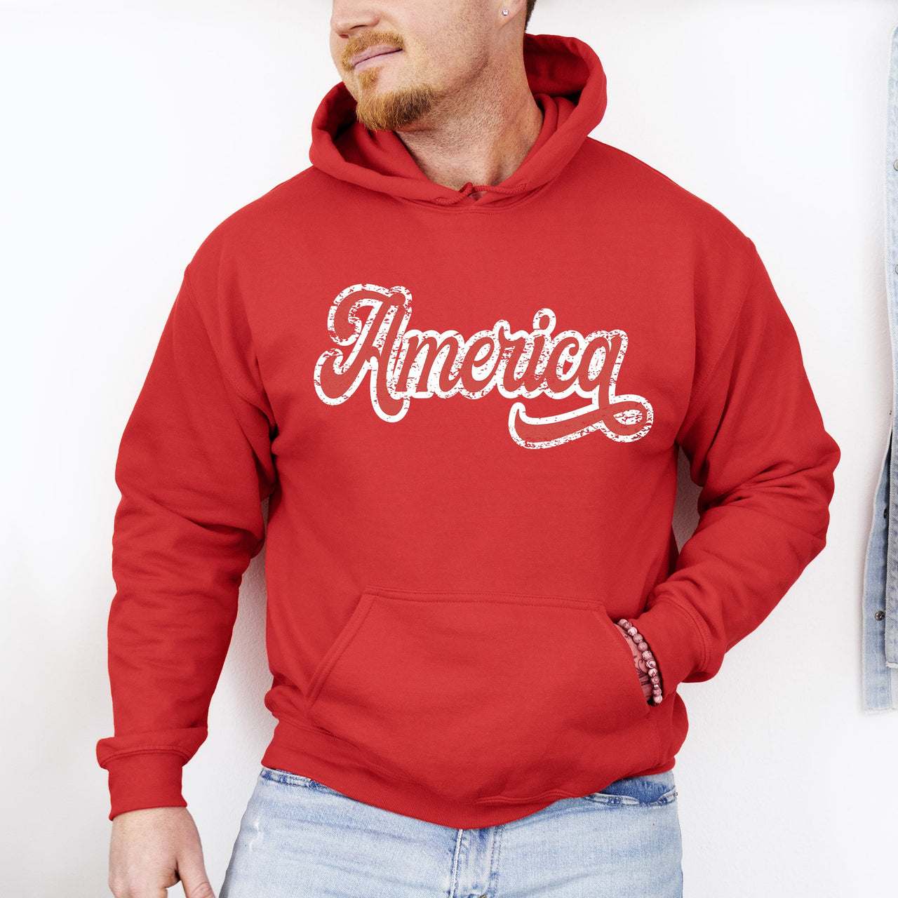 America Red White Varsity Retro Patriotic USA 4th of July Iconic Hooded Sweatshirt