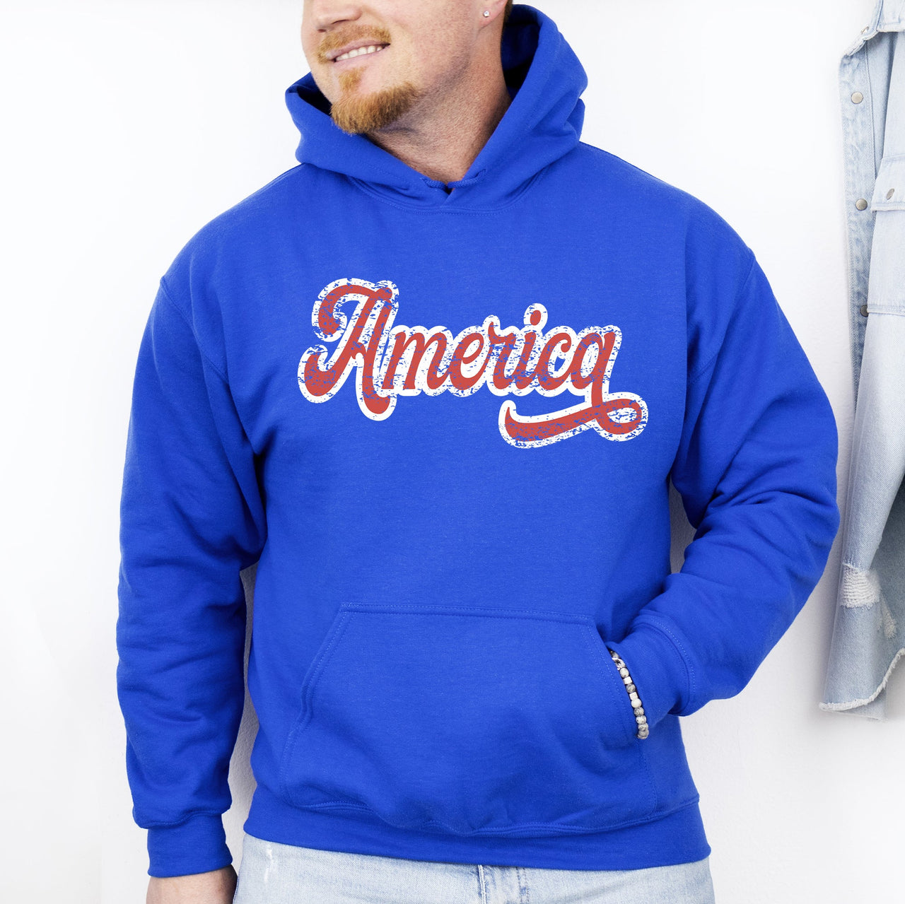 America Red White Varsity Retro Patriotic USA 4th of July Iconic Hooded Sweatshirt