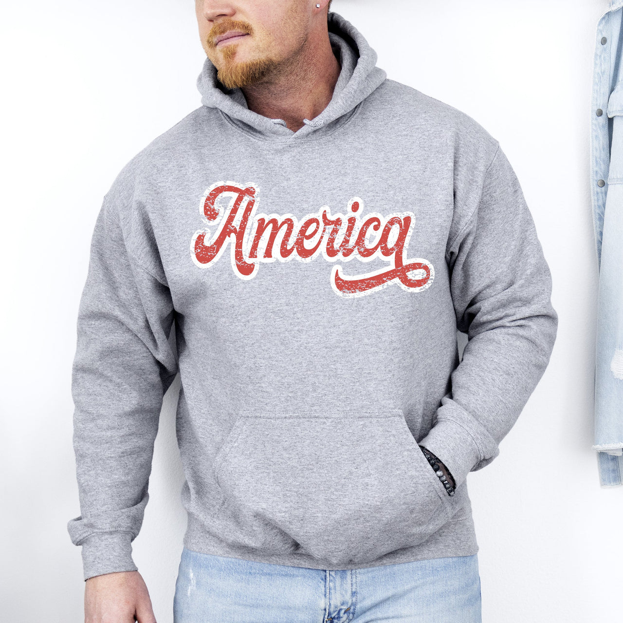 America Red White Varsity Retro Patriotic USA 4th of July Iconic Hooded Sweatshirt