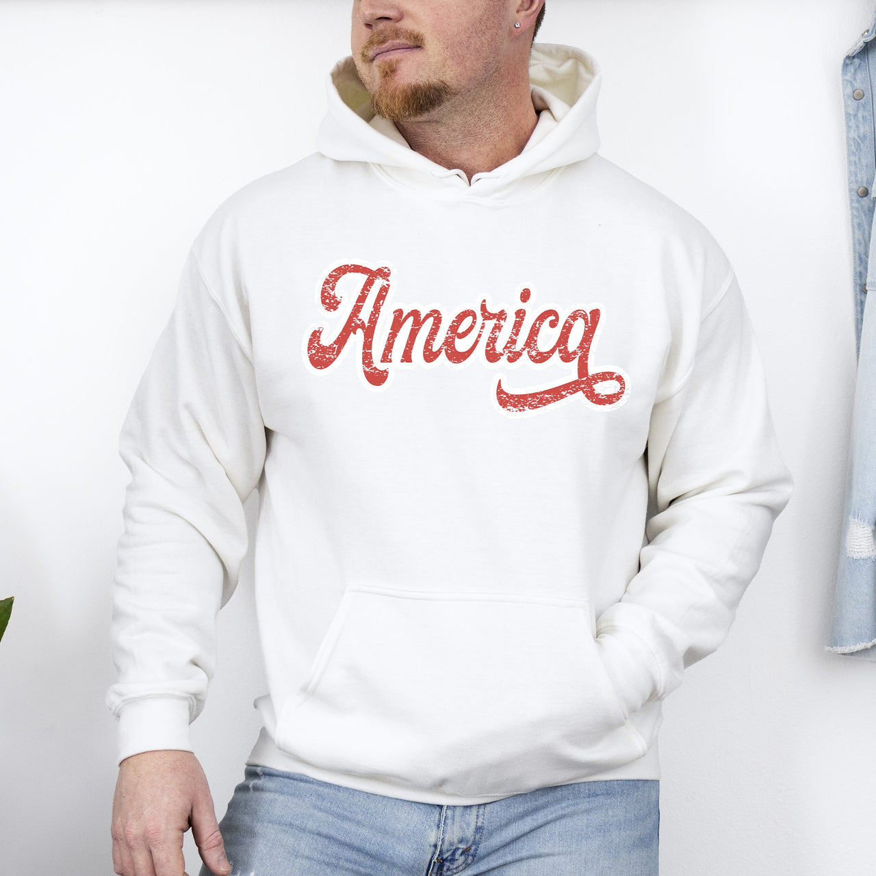 America Red White Varsity Retro Patriotic USA 4th of July Iconic Hooded Sweatshirt