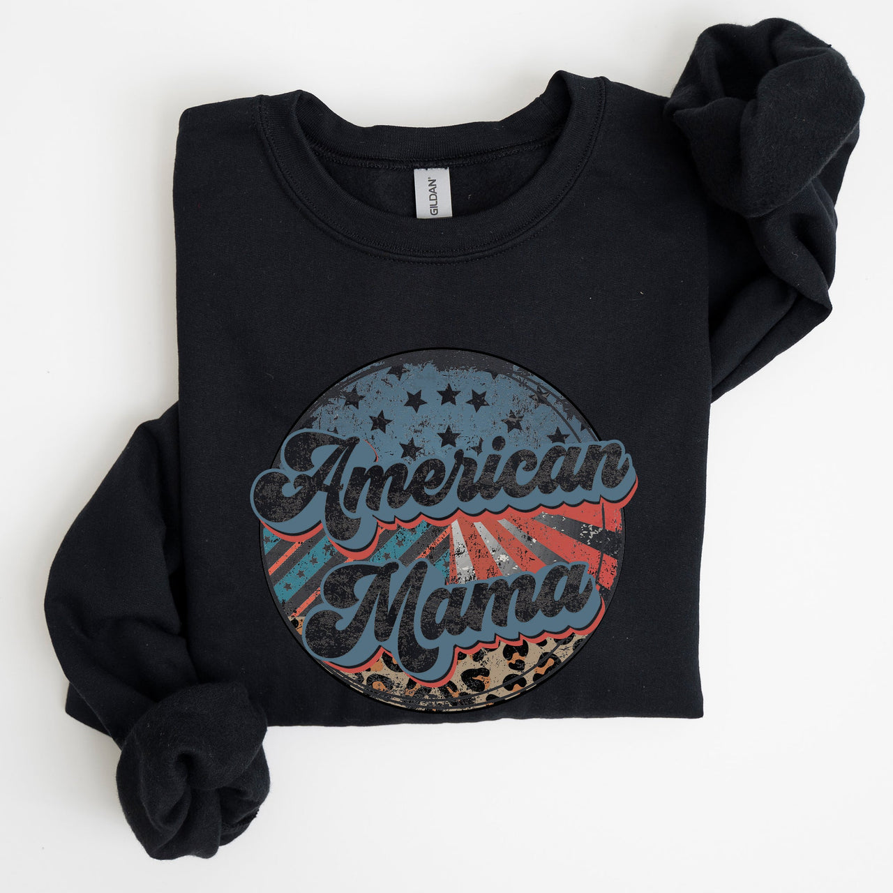 American Mama Leopard Print Patriotic Independence Day Celebration Edition Sweatshirt