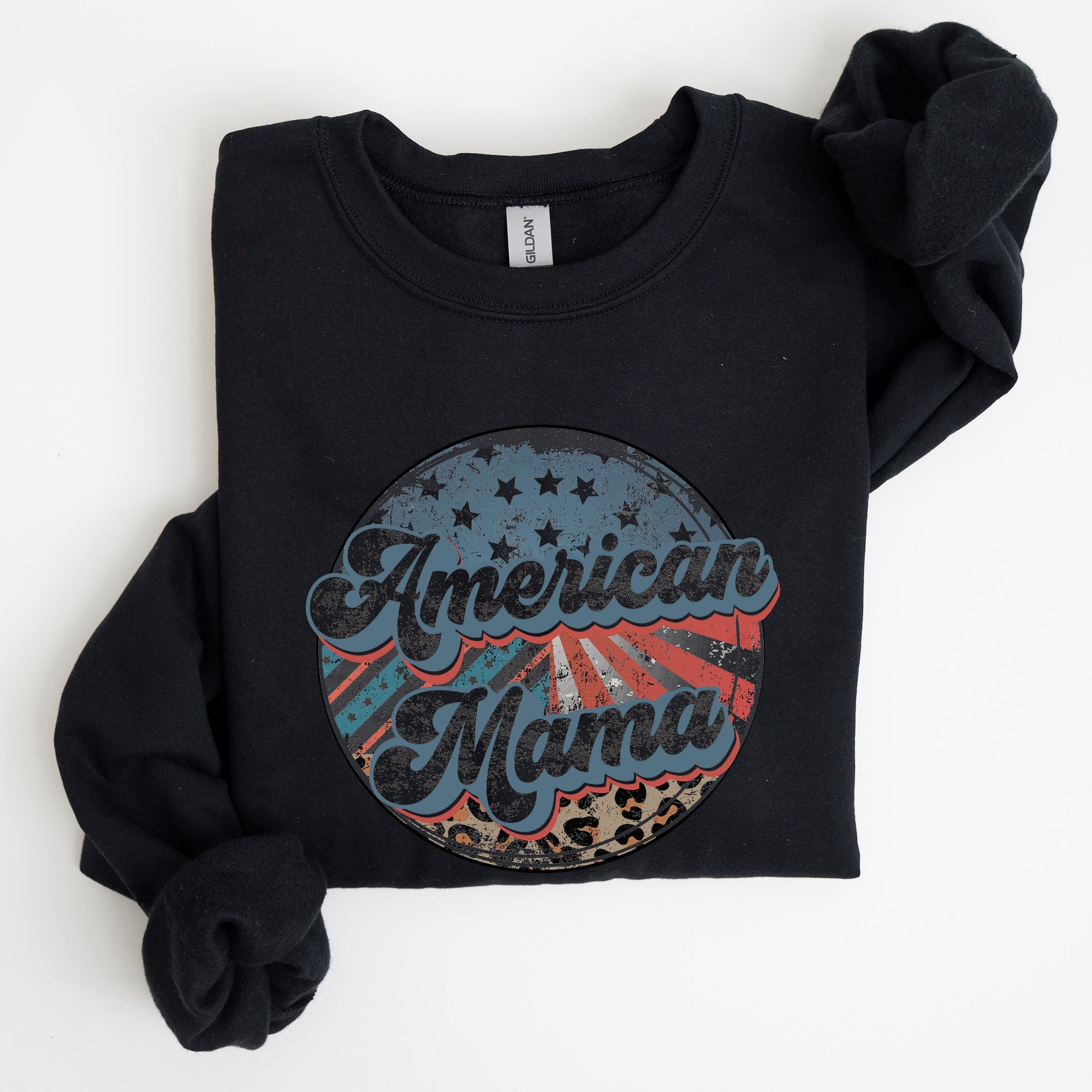 American Mama Leopard Print Patriotic Independence Day Celebration Edition Sweatshirt